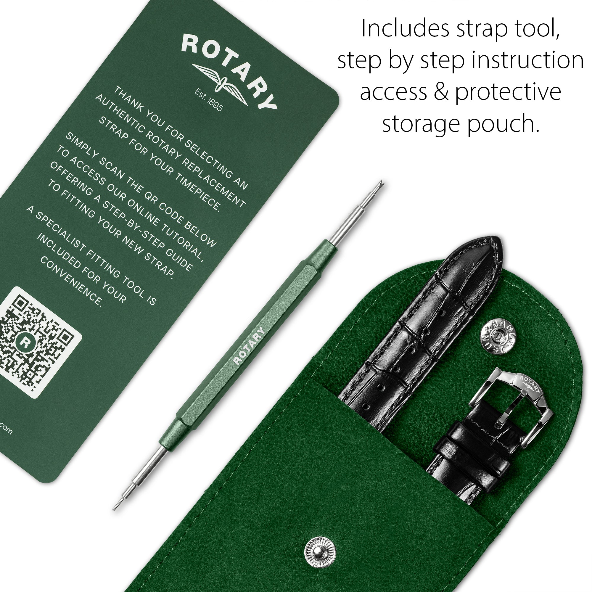Rotary strap tool set with green felt pouch, strap, and QR code card on a white background