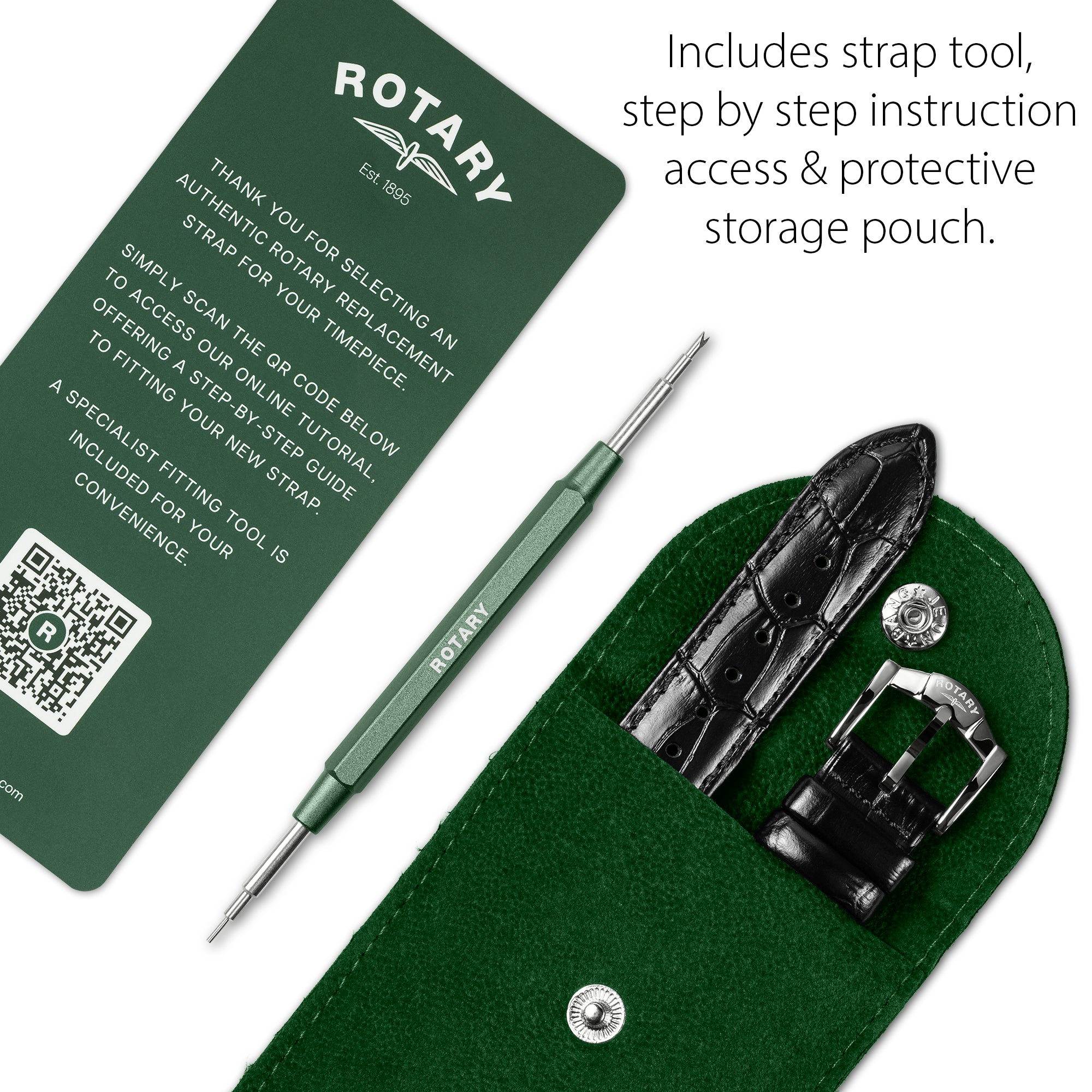 Watch strap tool set with green pouch, tool, and accessories on a white background.