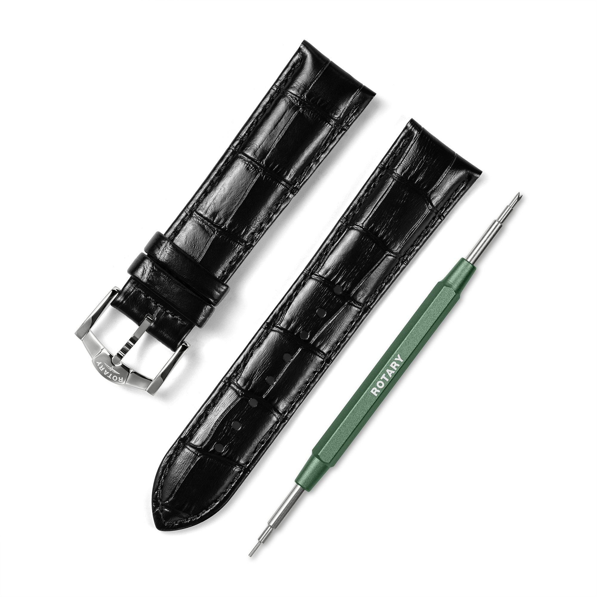 Black crocodile-patterned leather watch strap with a green screwdriver on a white background
