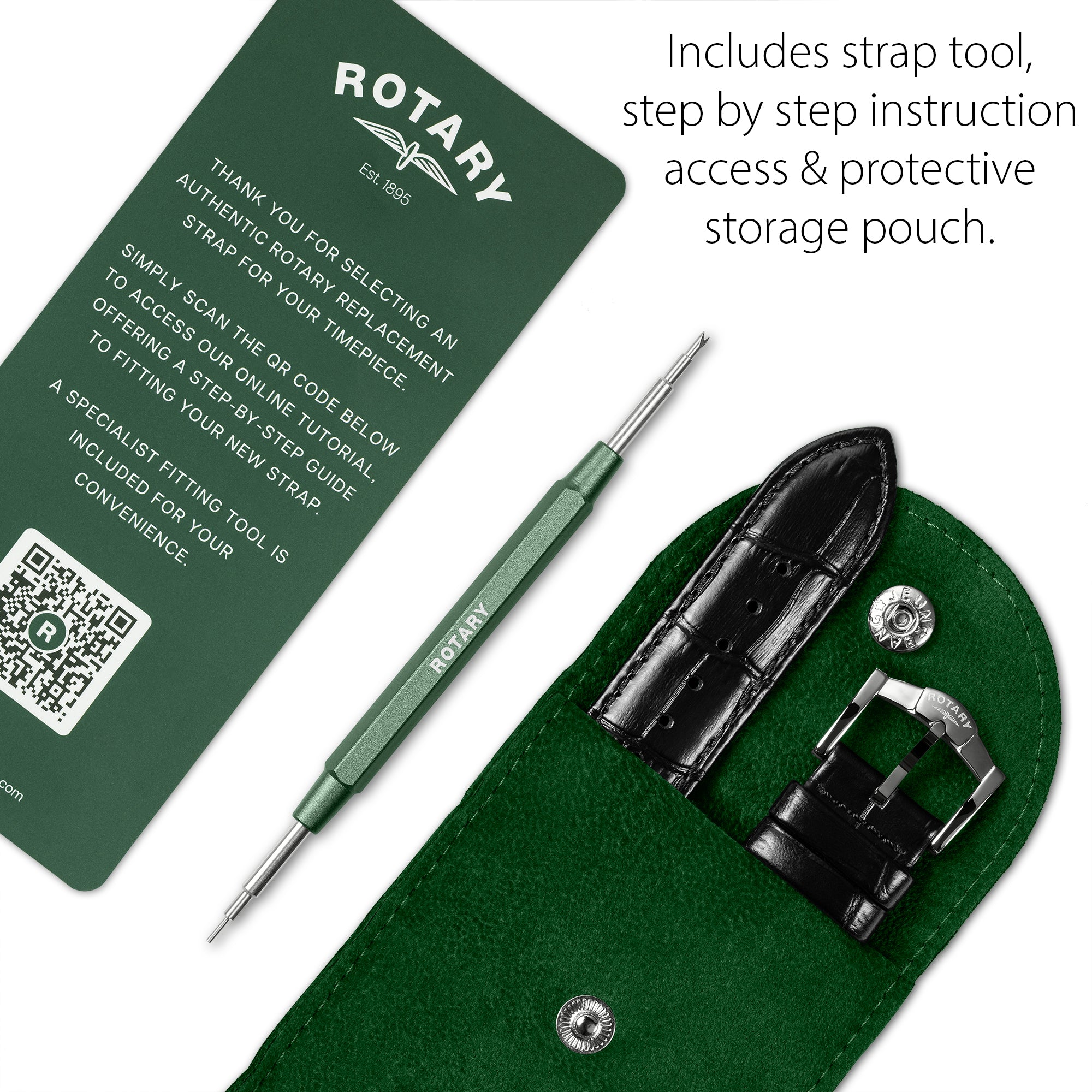 Watch strap tool set with green pouch, tool, and strap on a white background