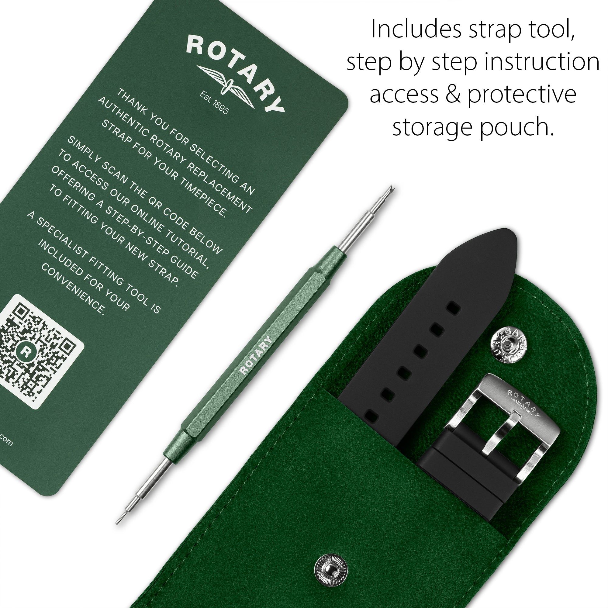 Watch strap tool set with green pouch, strap, and instruction card on a white background