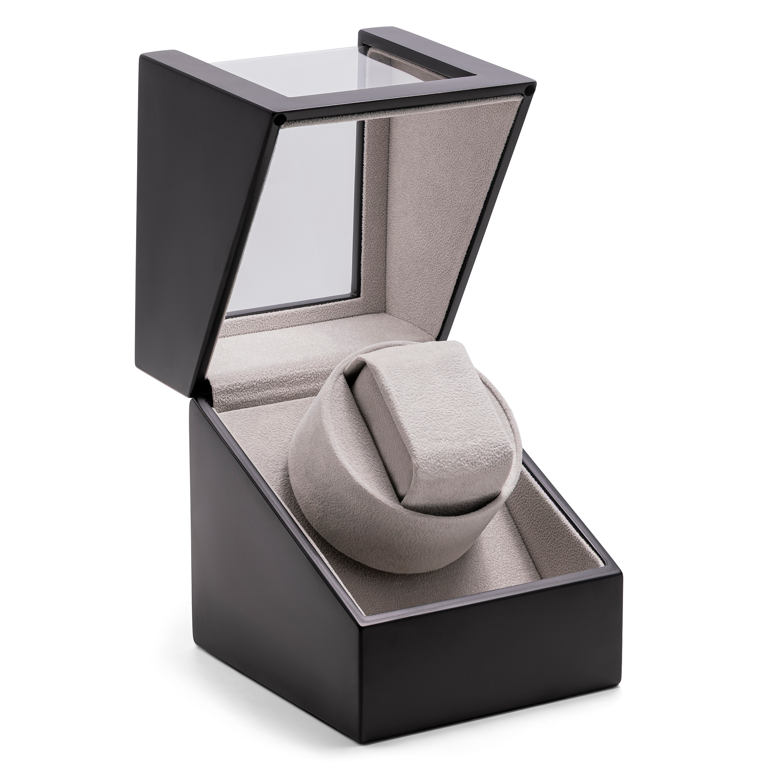 Black Rotary watch winder with a gray interior on a white background
