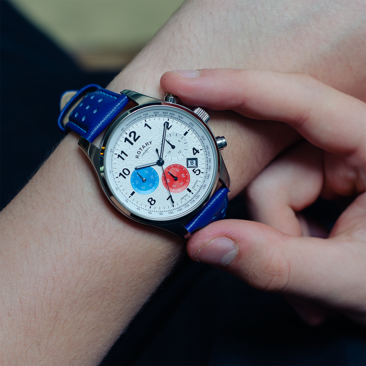 A man wearing the Rotary Chronograph 1977 Bianco watch