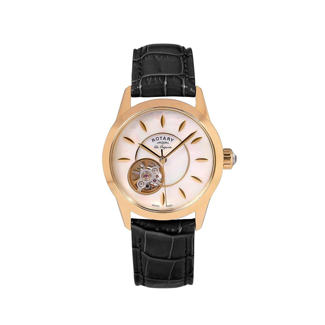 Rotary Les Originals Gold watch with a black leather strap and mother of pearl dial