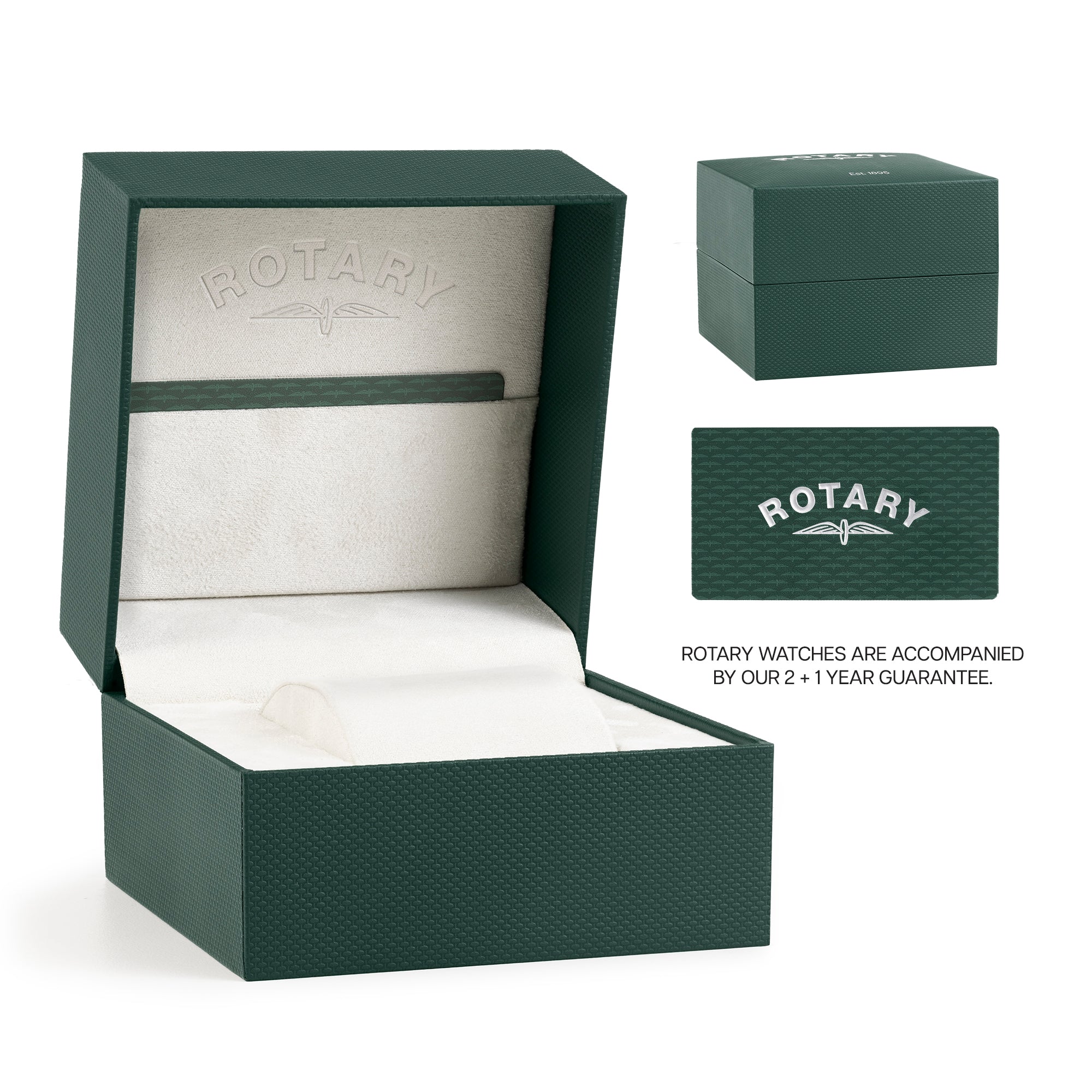 Green Rotary watch box with white interior on a white background