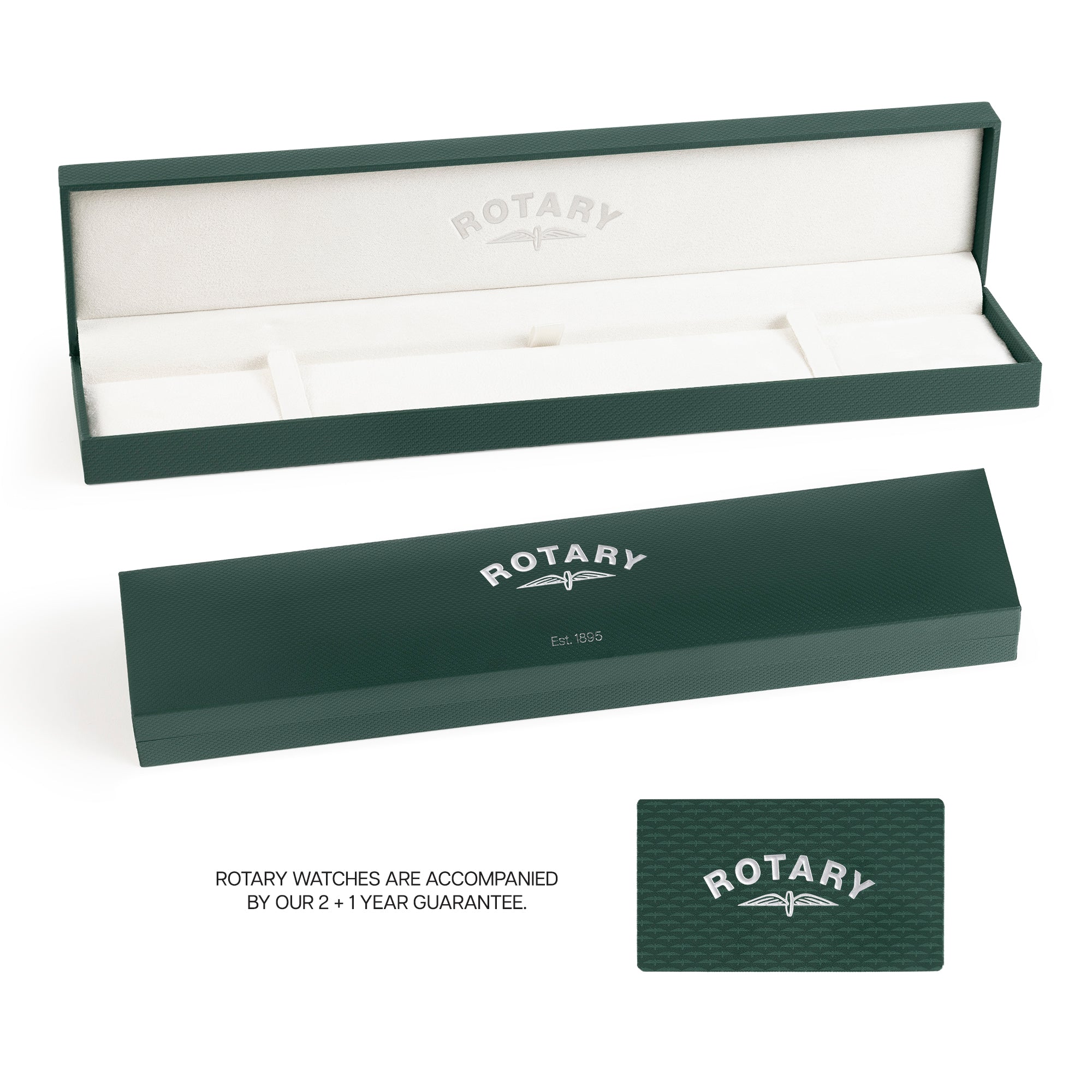 Rotary watch box set with green exterior and white interior on a white background