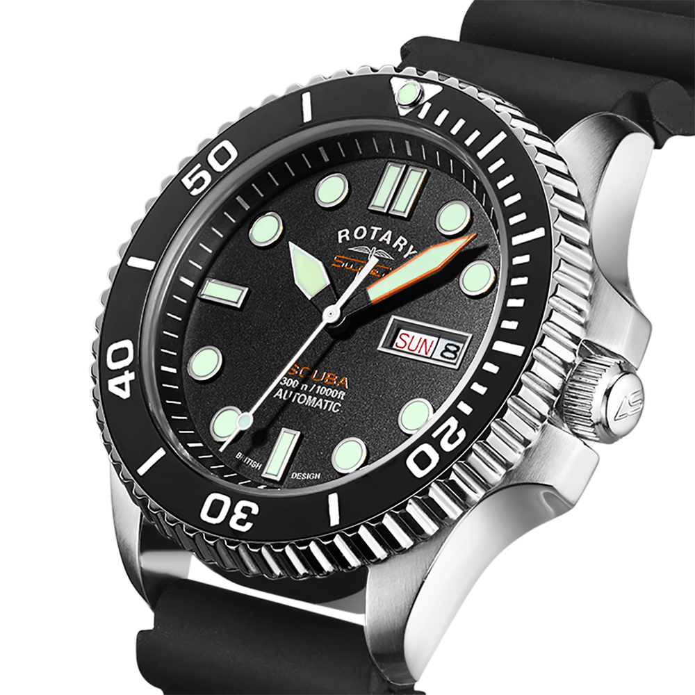 Stainless steel Rotary SUPER7 watch with black bezel and black dial on a white background