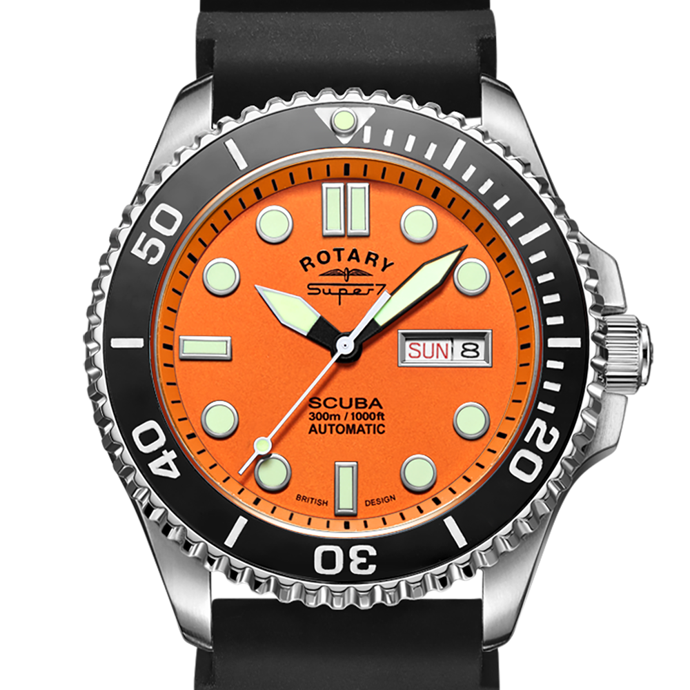 Rotary SUPER7 watch with orange dial and black strap on a white background