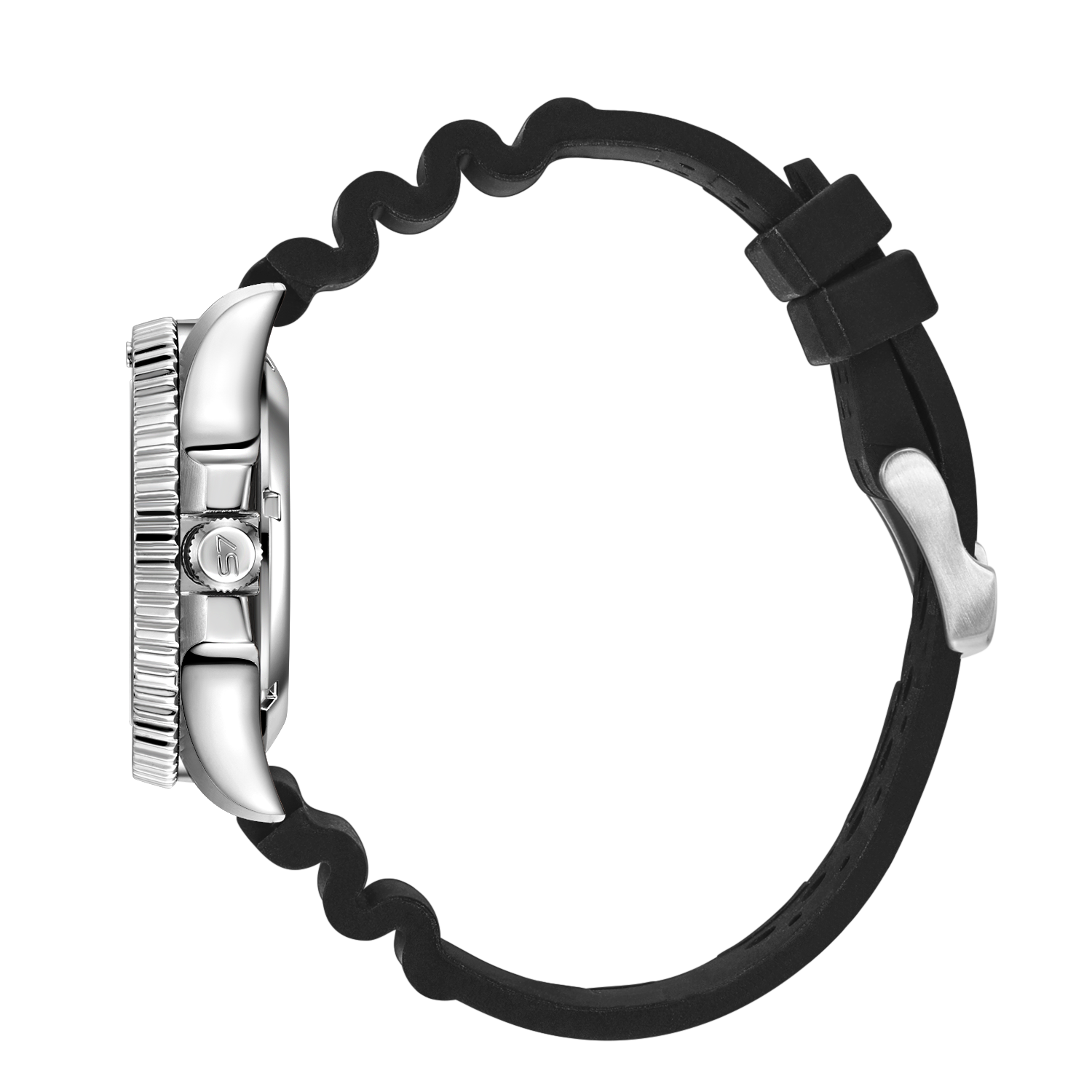 Close-up of a watch with a black strap and silver case on a white background