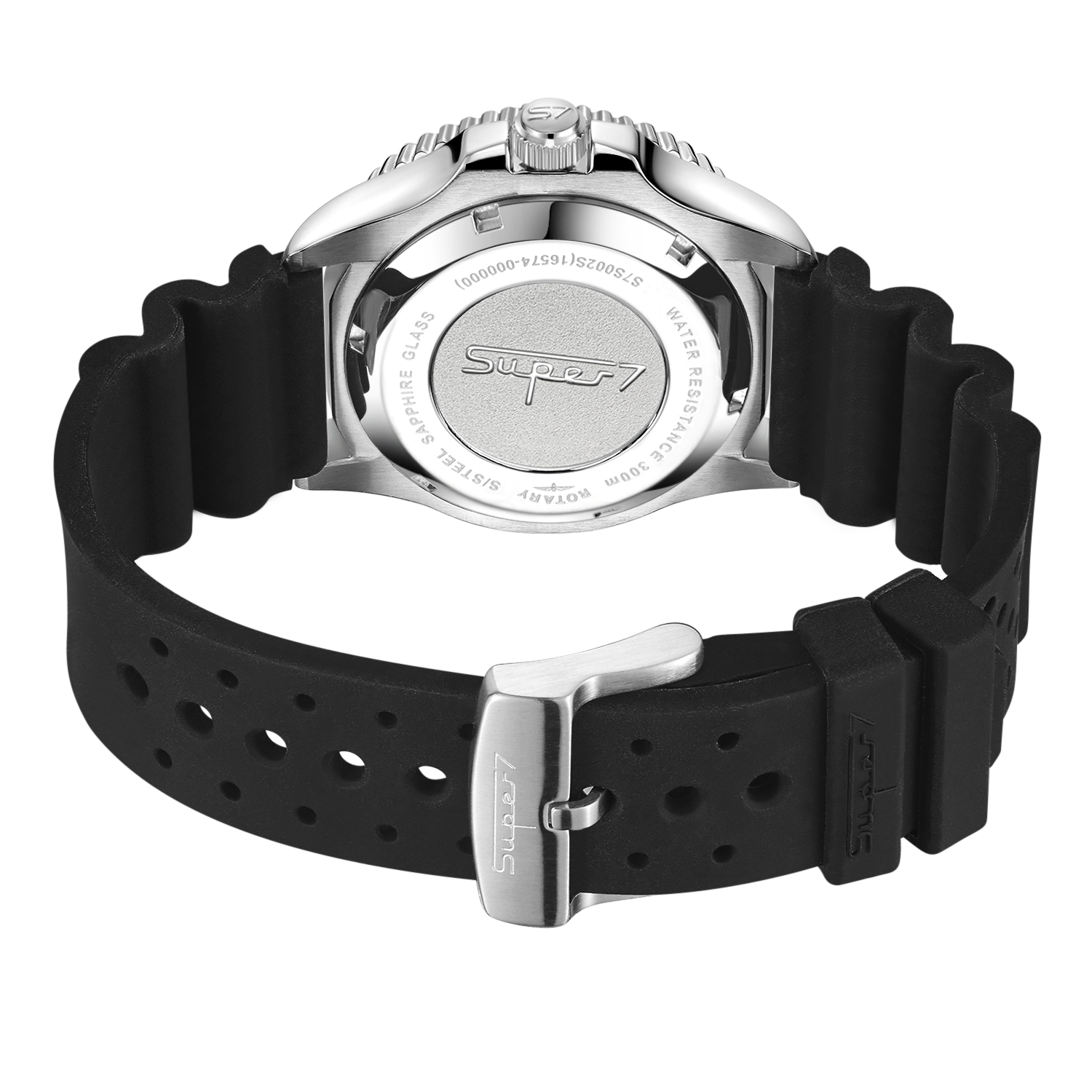 Rotary SUPER7 watch with black strap and silver case on a white background