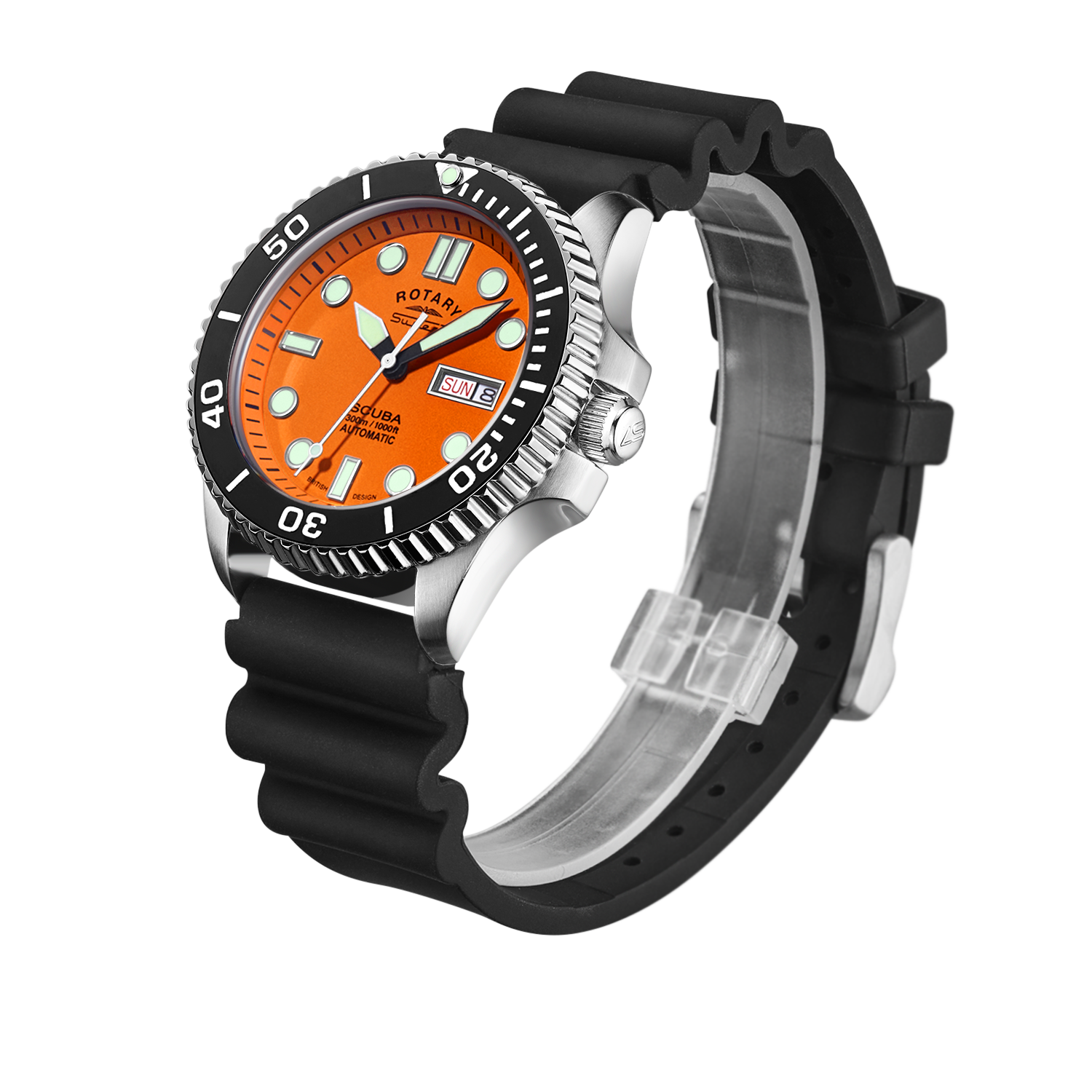Rotary SUPER7 Wristwatch with orange dial and black strap on a white background