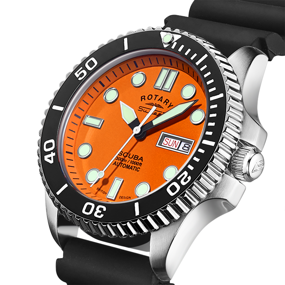Rotary watch with orange dial and black strap on a white background
