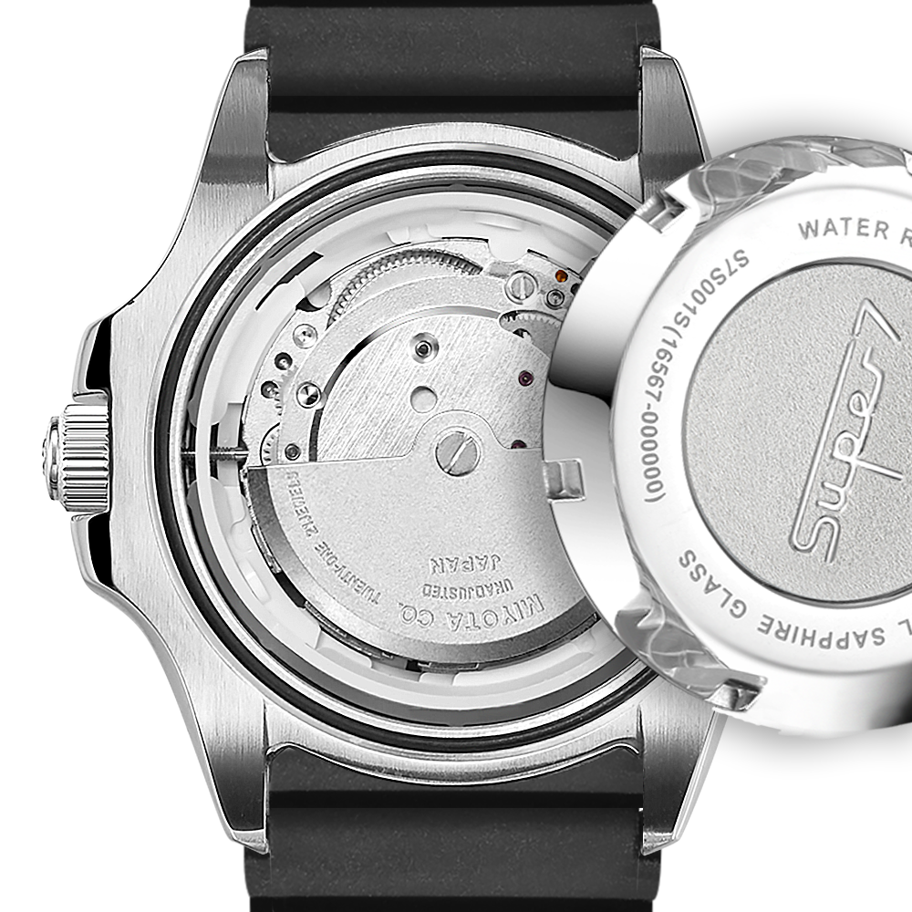 Close-up of a watch with a black strap and exposed movement