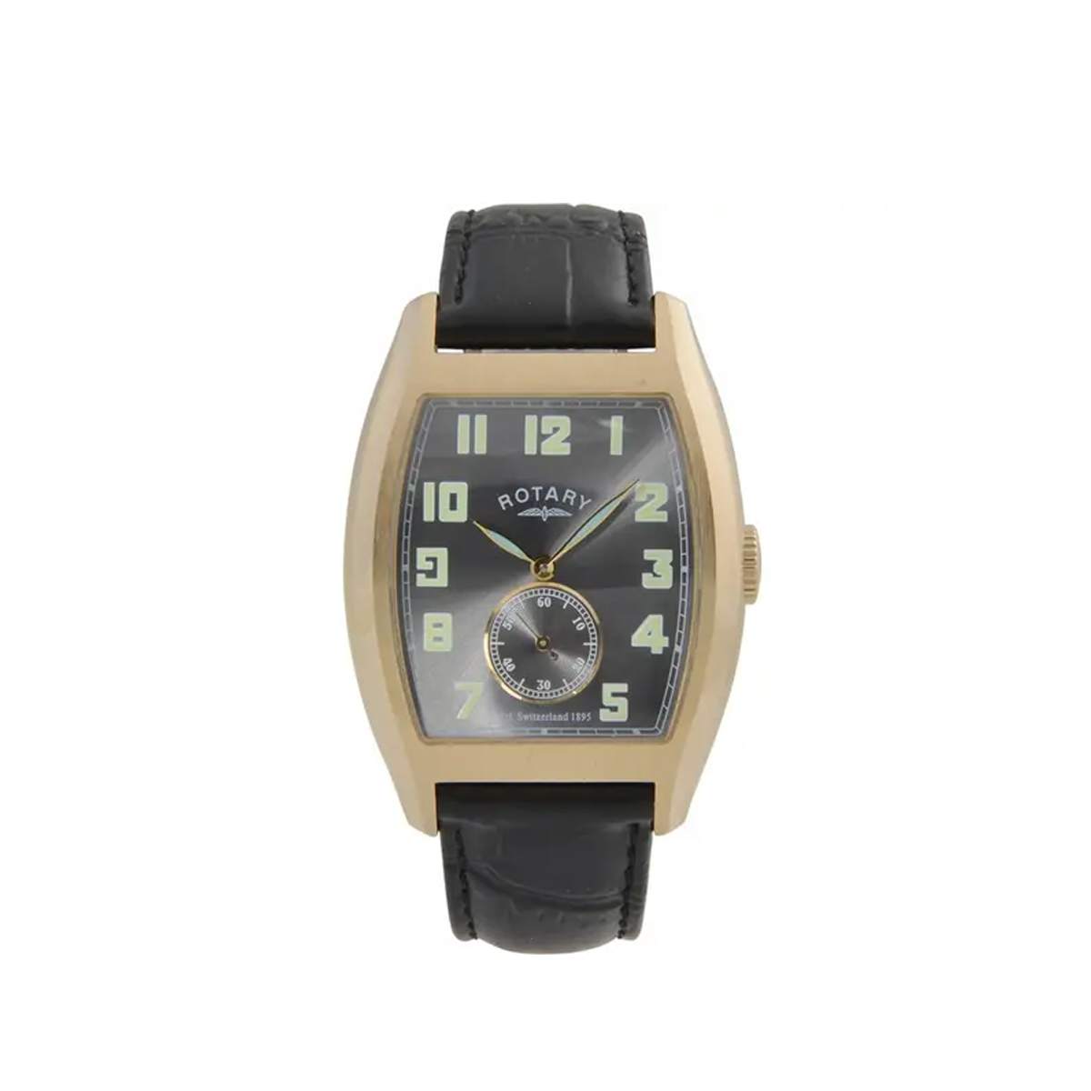 Rotary watch with black leather strap and gold case on a white background