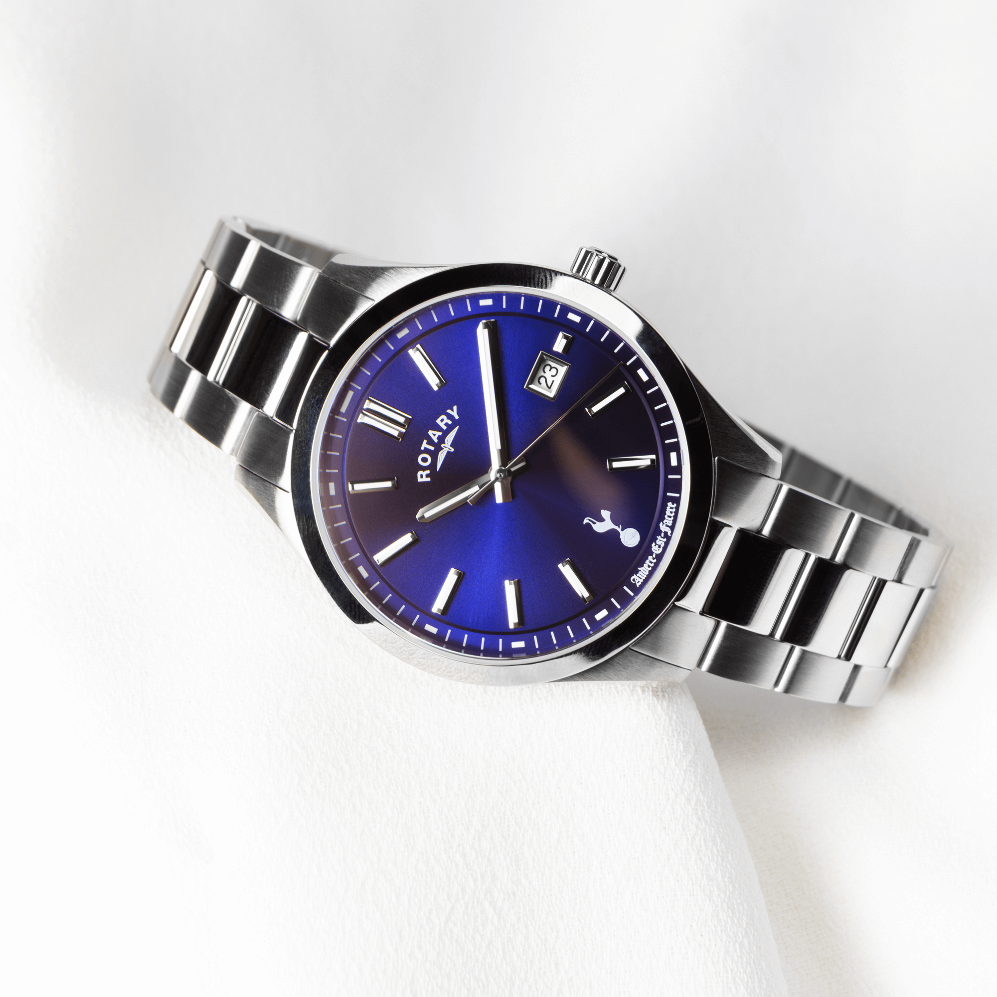 Silver Rotary watch with a blue face on a white background