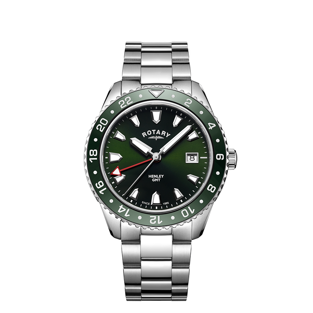 A Rotary Henley GMT watch with a racing green dial, stainless steel bracelet, and date window.