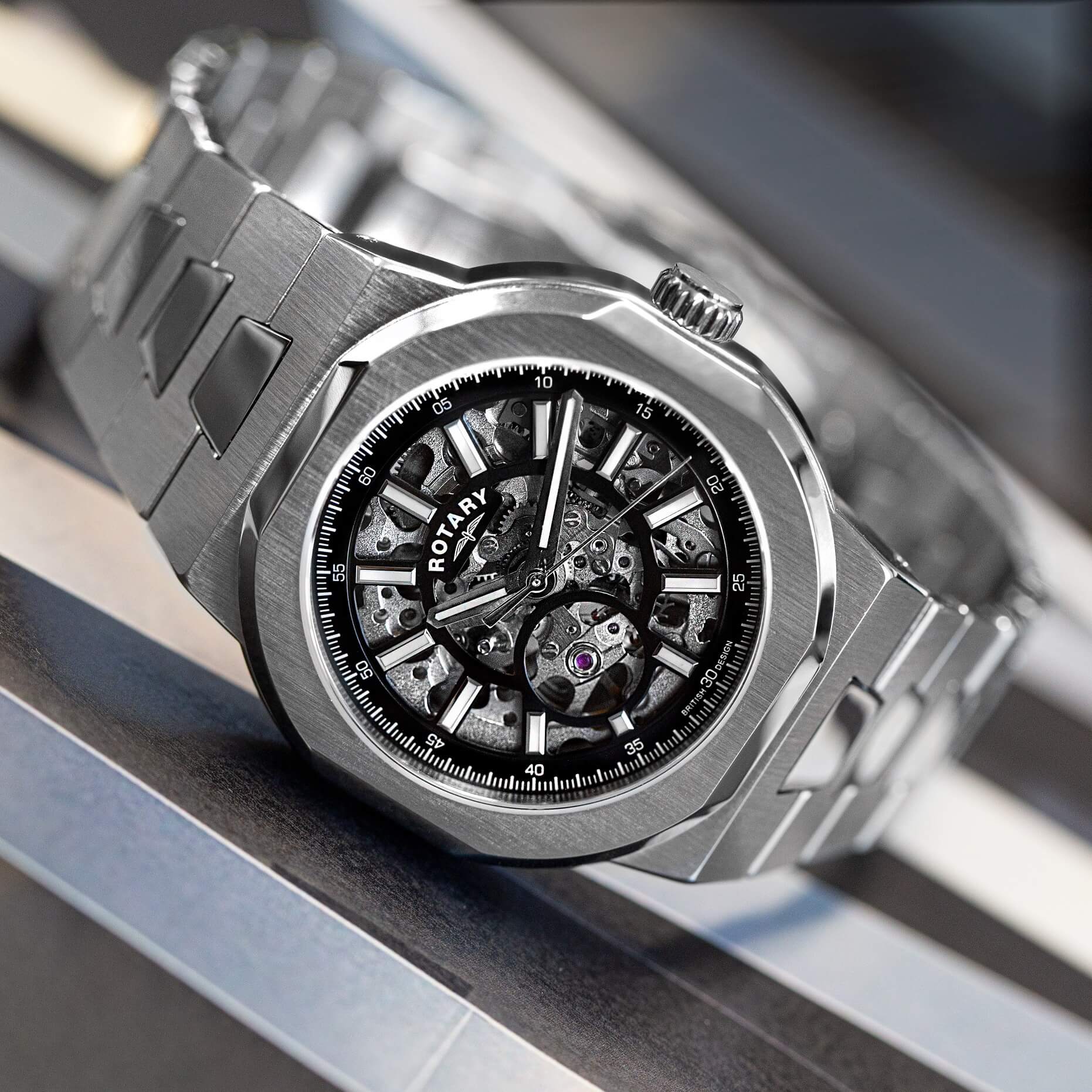 rotary stainless steel skeleton watch with integrated bracelet