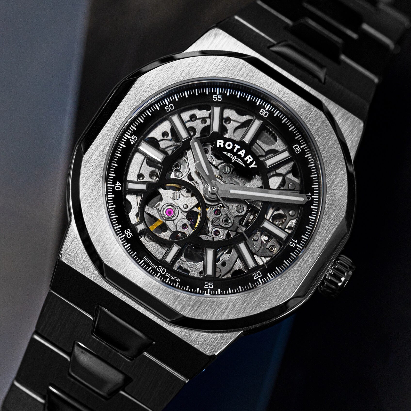 Rotary stainless steel skeleton watch