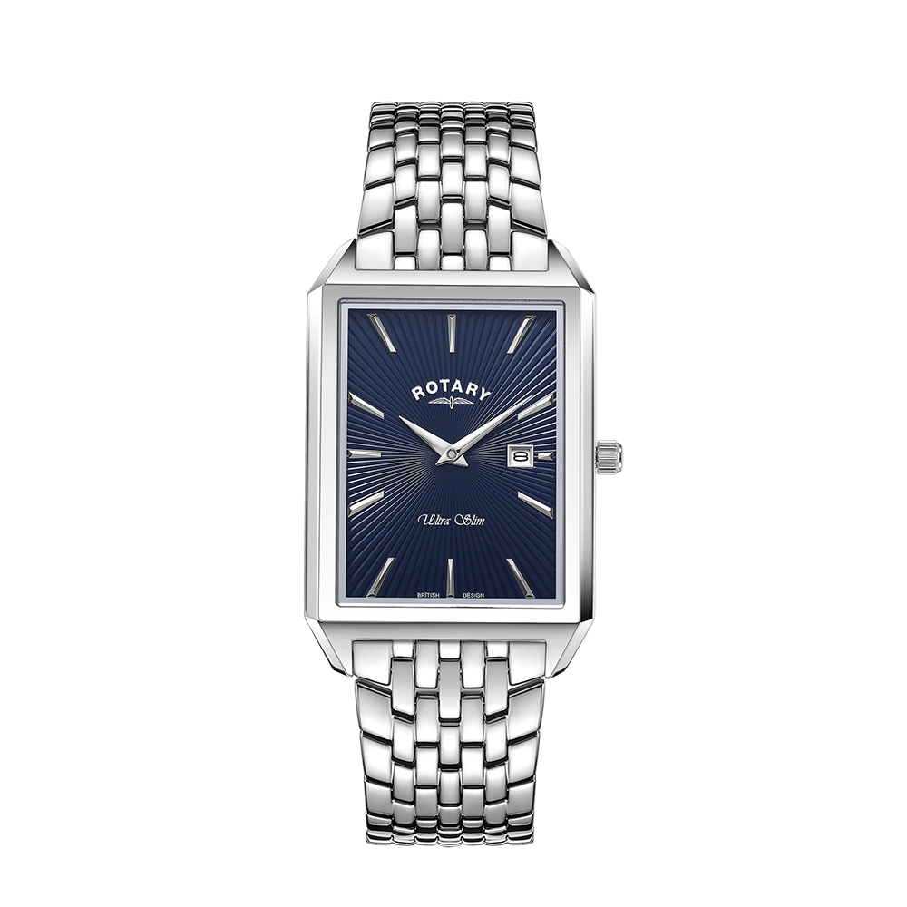 A Rotary Ultra Slim stainless steel watch with a blue dial and a 7-link stainless steel bracelet.