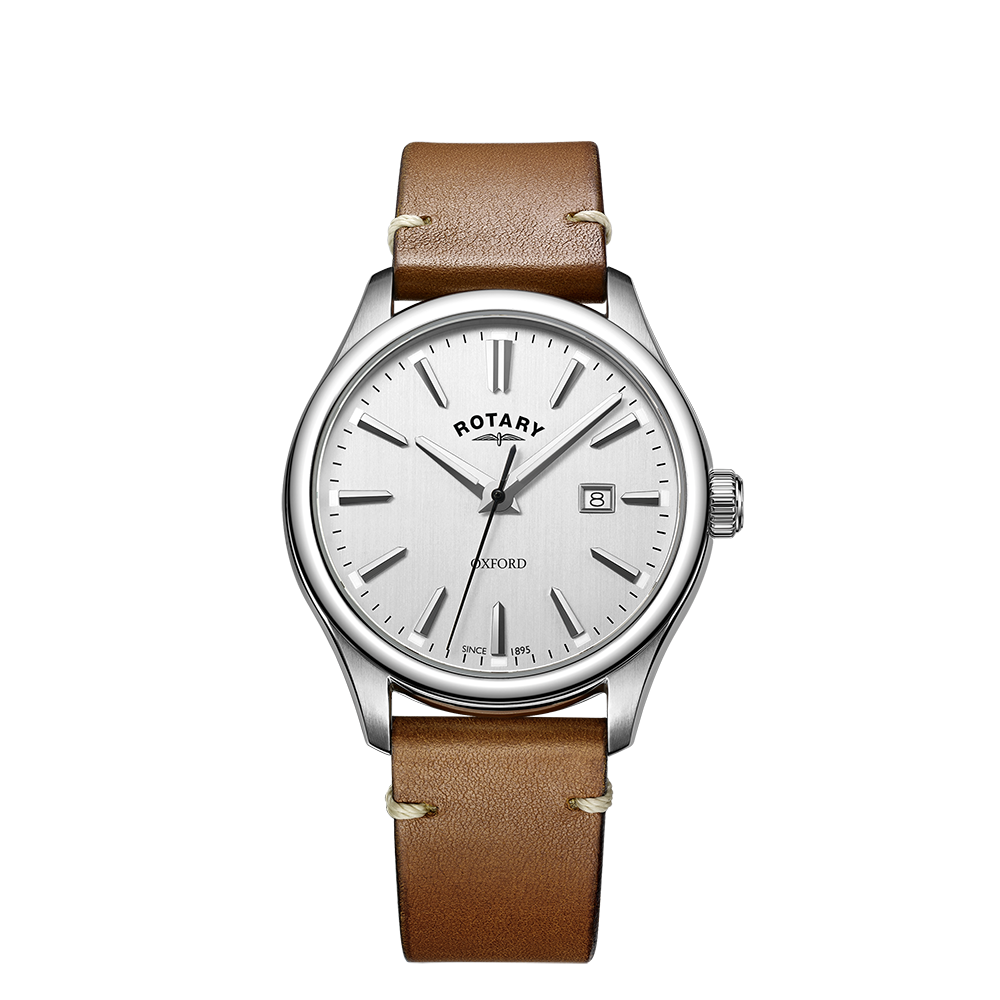 A Rotary contemporary watch with a silver dial and a brown leather strap.