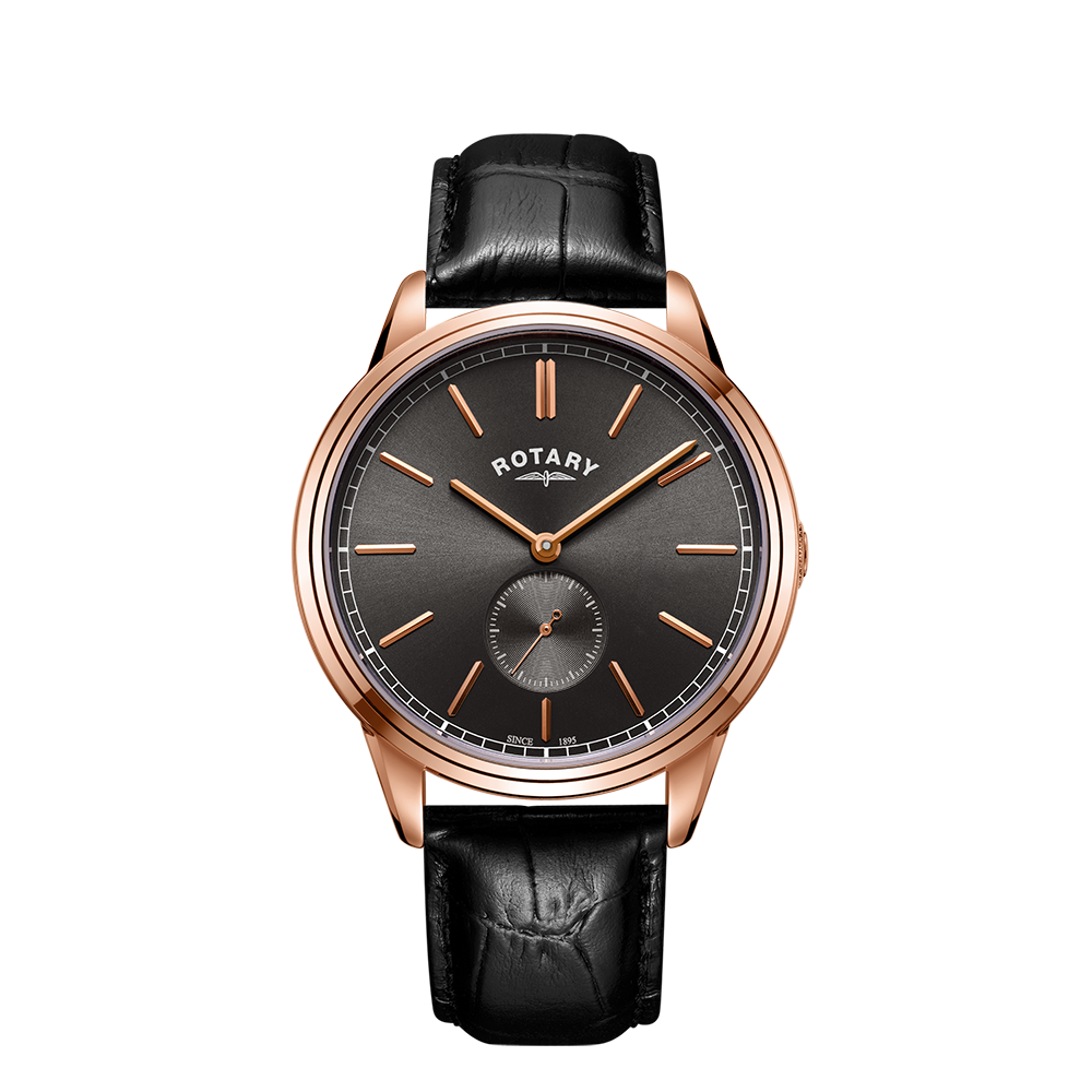 A Rotary Dress Watch with a slate grey sunray dial, rose gold applied index markers, a 42mm rose gold PVD stainless steel case, and a black leather strap.