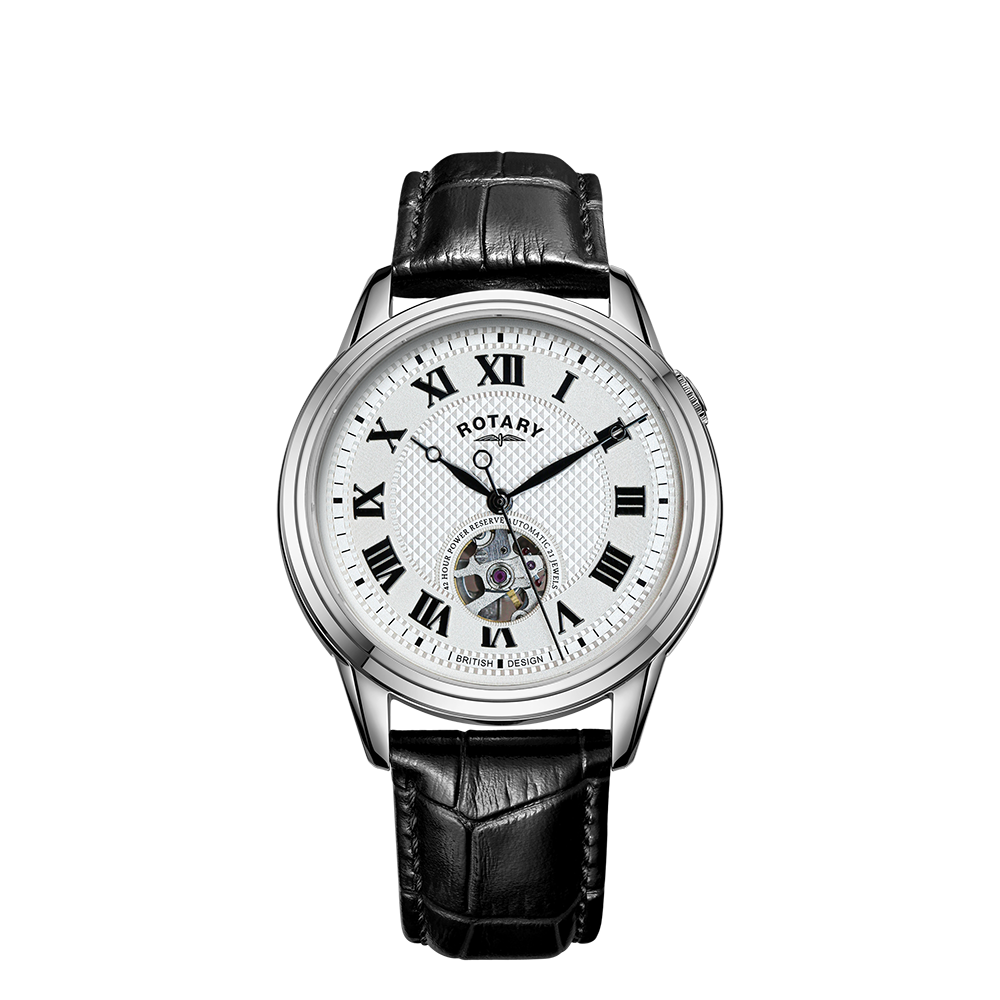 A Rotary Dress Skeleton Automatic Watch with a silver dial, Roman numeral markers, and a black leather strap.