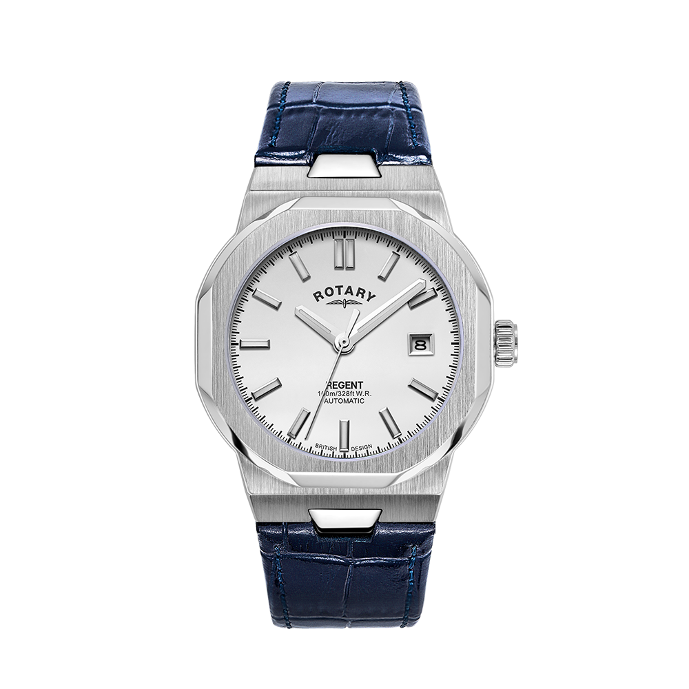 A Rotary Sport Automatic Watch with a silver sunray dial, luminous applied hour markers, a date window, and a blue leather strap.