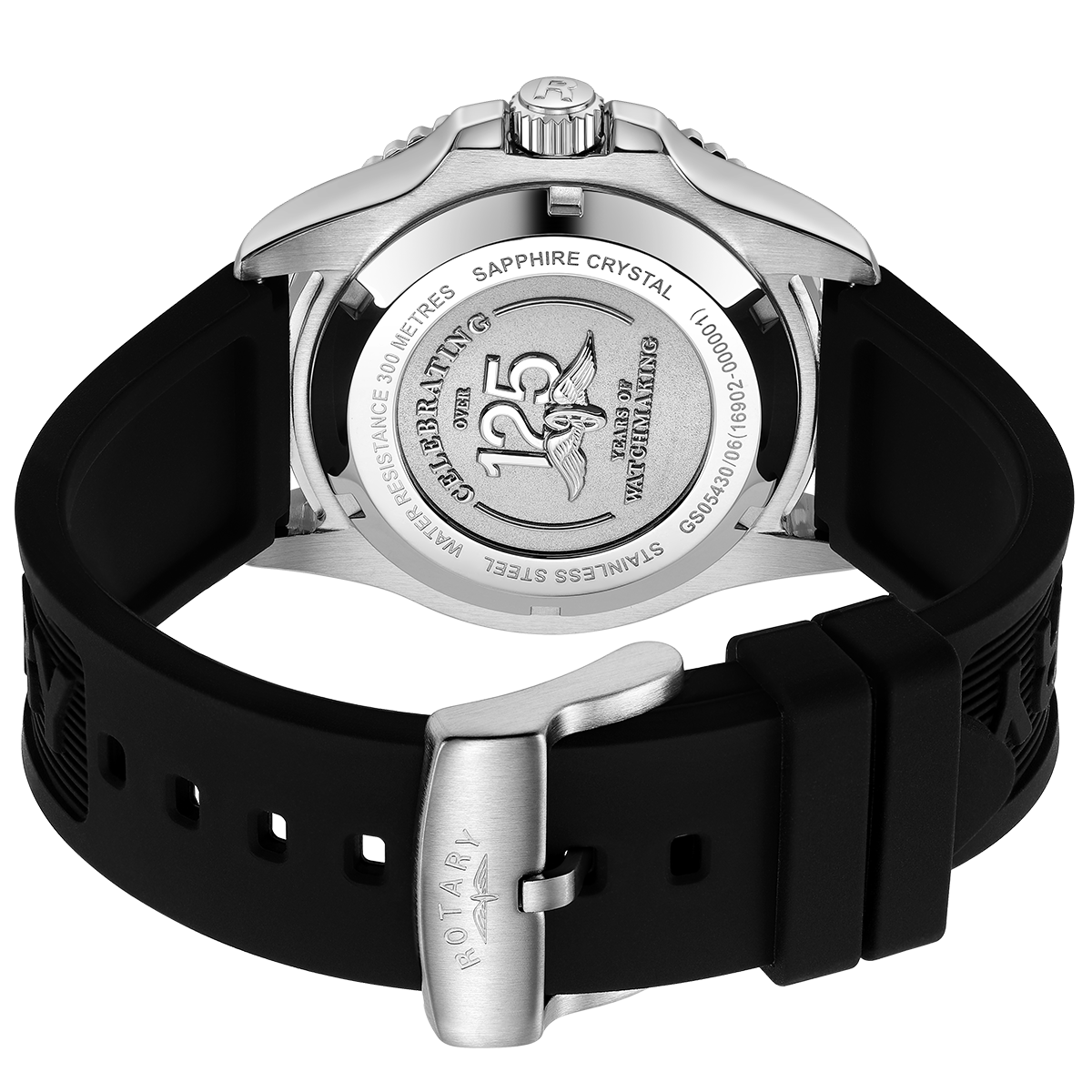 The caseback, buckle and strap of a Rotary Seamatic strap watch in stainless steel