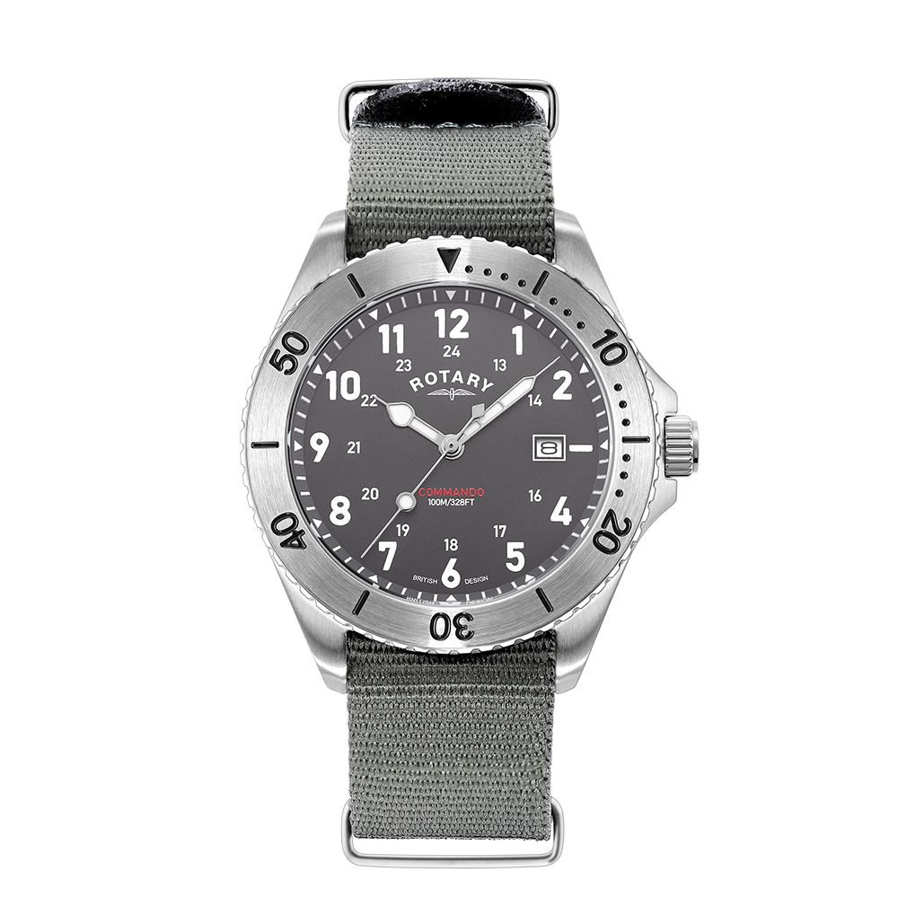 A Rotary RW 1895 watch with a grey dial, stainless steel case, and a grey Nato strap.