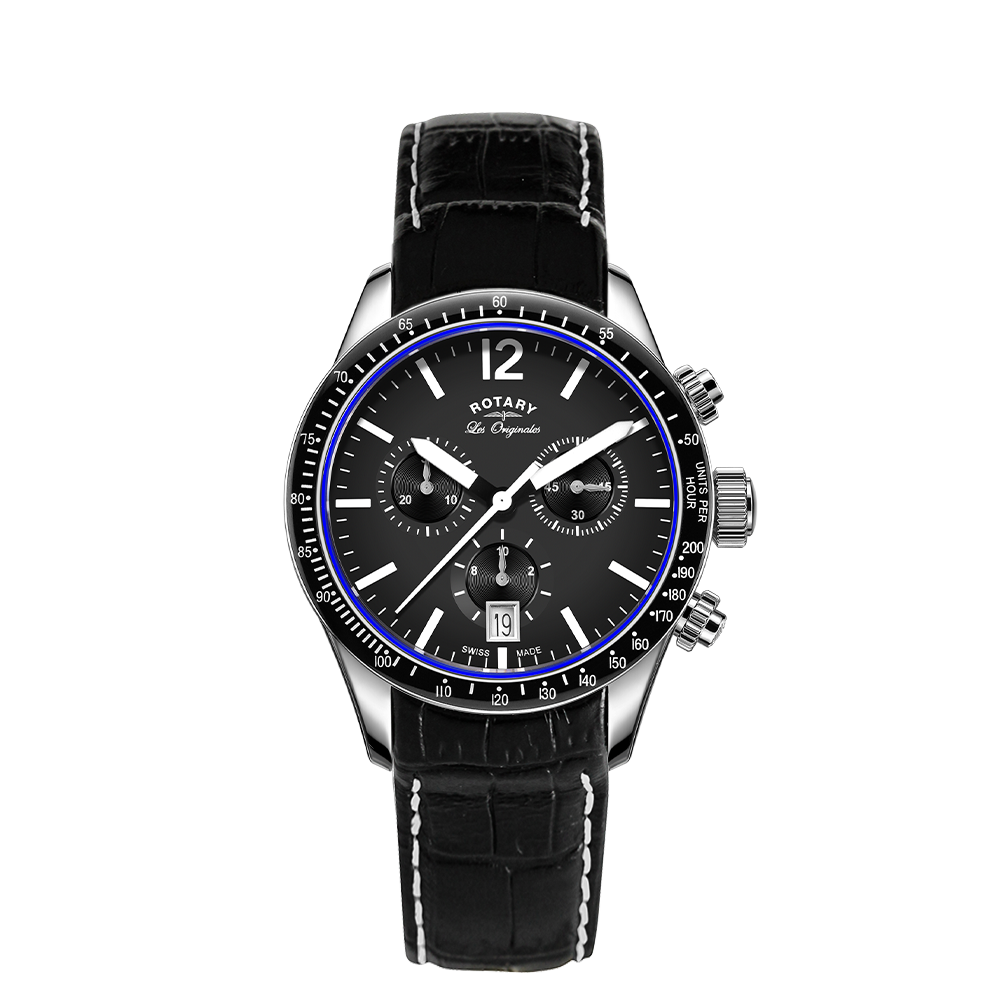 A Rotary Swiss Chronograph watch with a black dial and electric blue detailing, accompanied by a black leather strap.