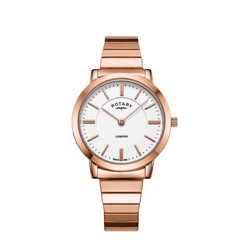 A rose gold PVD stainless steel Rotary watch with a silver white galvanic dial and an expanding bracelet.