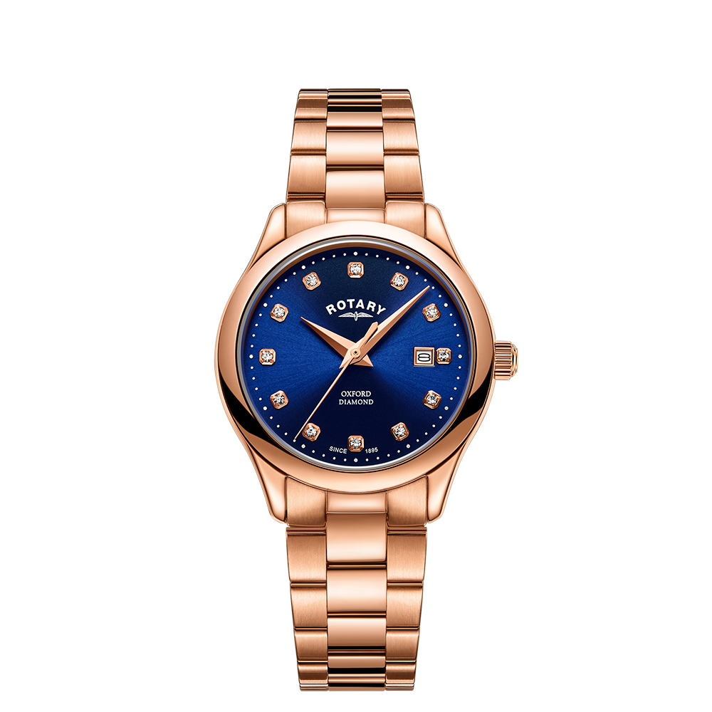A Rotary ladies diamond-set watch with a blue dial and rose gold stainless steel bracelet and case.