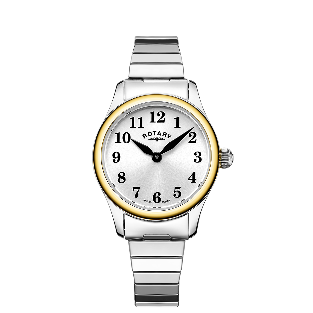 A Rotary Expander watch with a silver bracelet, a white dial with black Arabic numerals, and a gold PVD bezel.