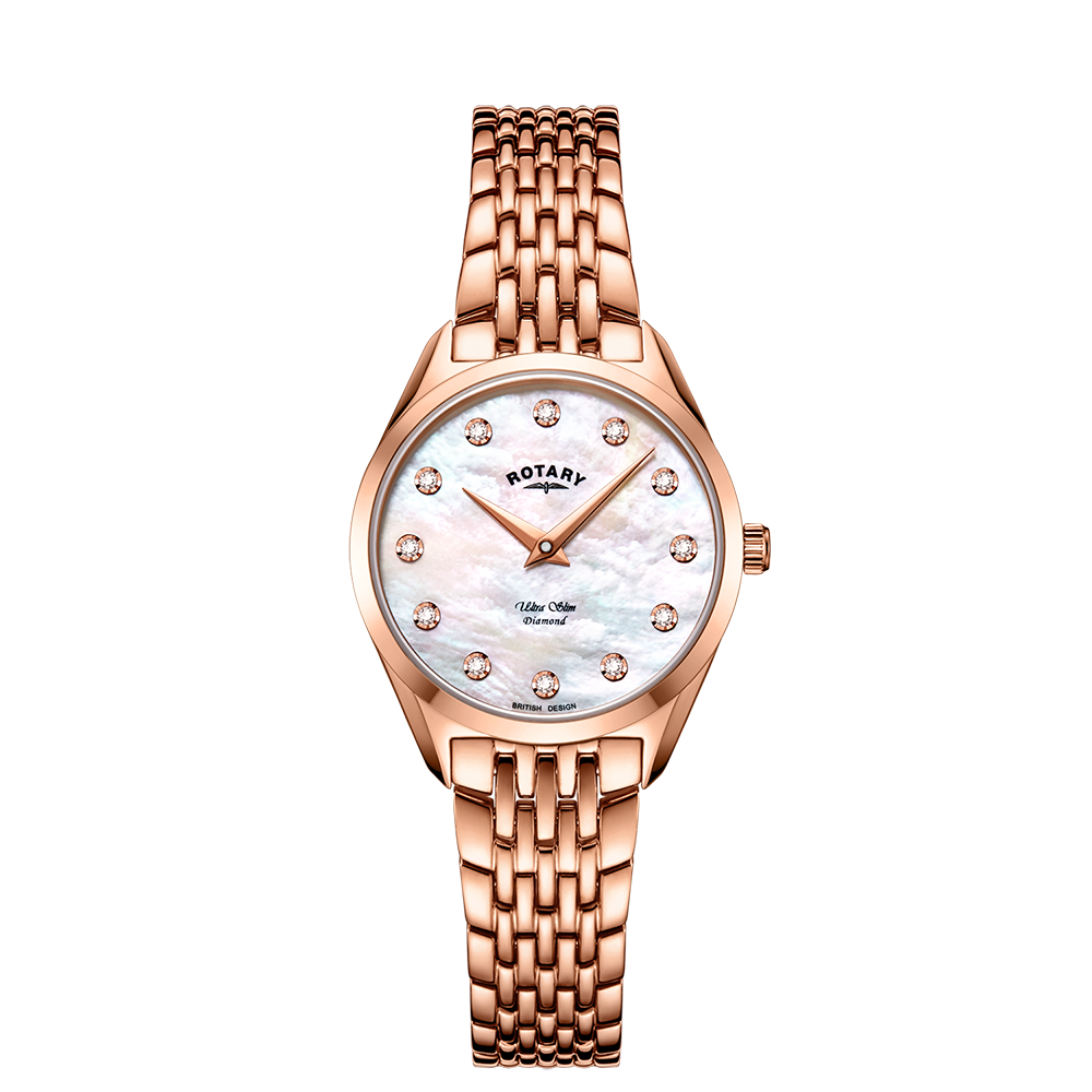 A rose gold rotary ultra slim diamond set watch with a mother of pearl dial and a seven link bracelet.