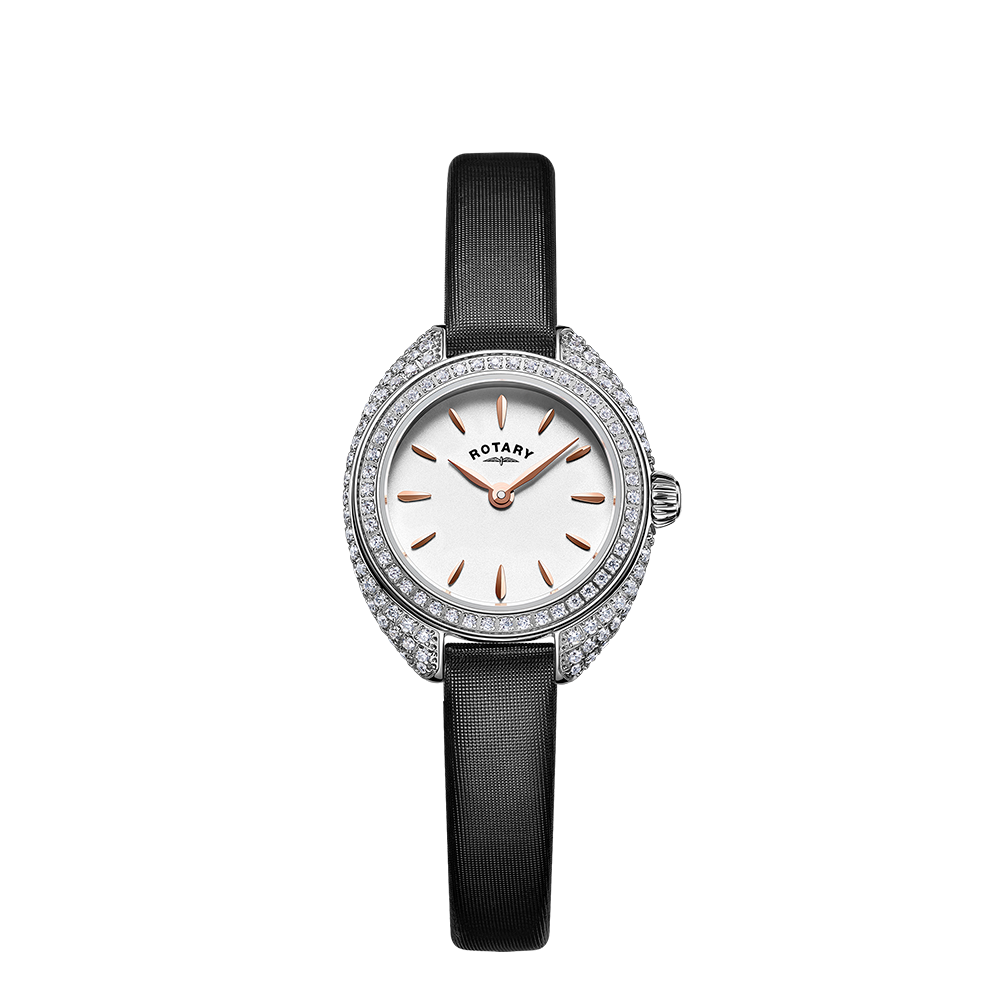 A Rotary Petite Crystal Set Watch with a white dial, stainless steel case, and black satin strap.