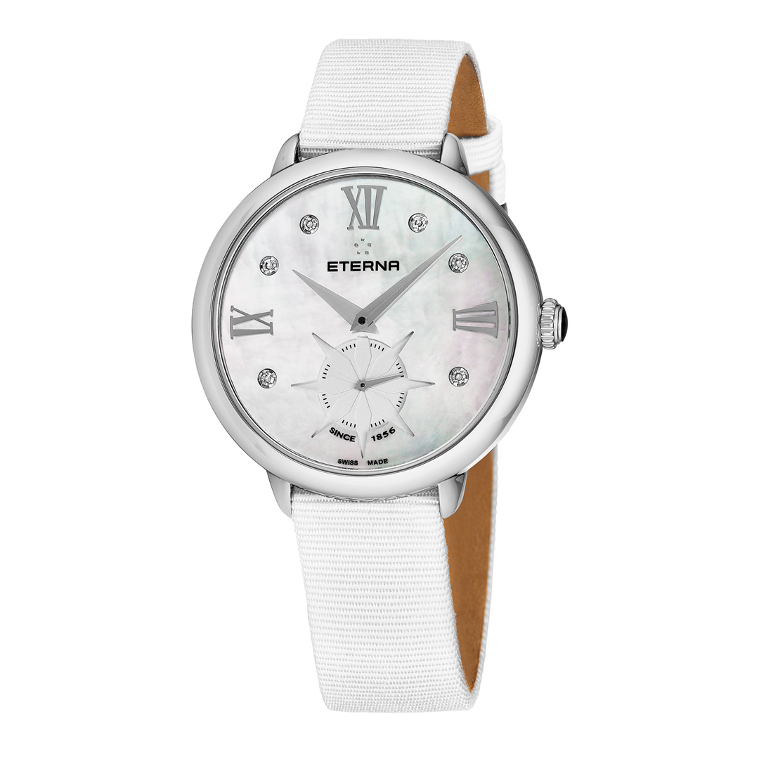 Eterna ladies watch with a white strap, stainless steel case and mother of pearl dial. The mother of pearl dial has roman numerals and diamond indexes, as well as a running second hand sub-dial