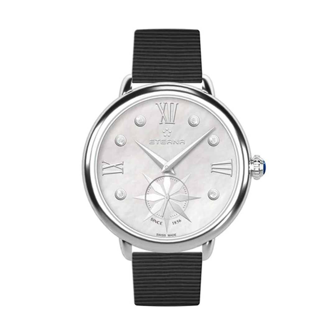 Eterna ladies watch with a black strap, stainless steel case and mother of pearl dial. The mother of pearl dial has roman numerals and diamond indexes, as well as a running second hand sub-dial