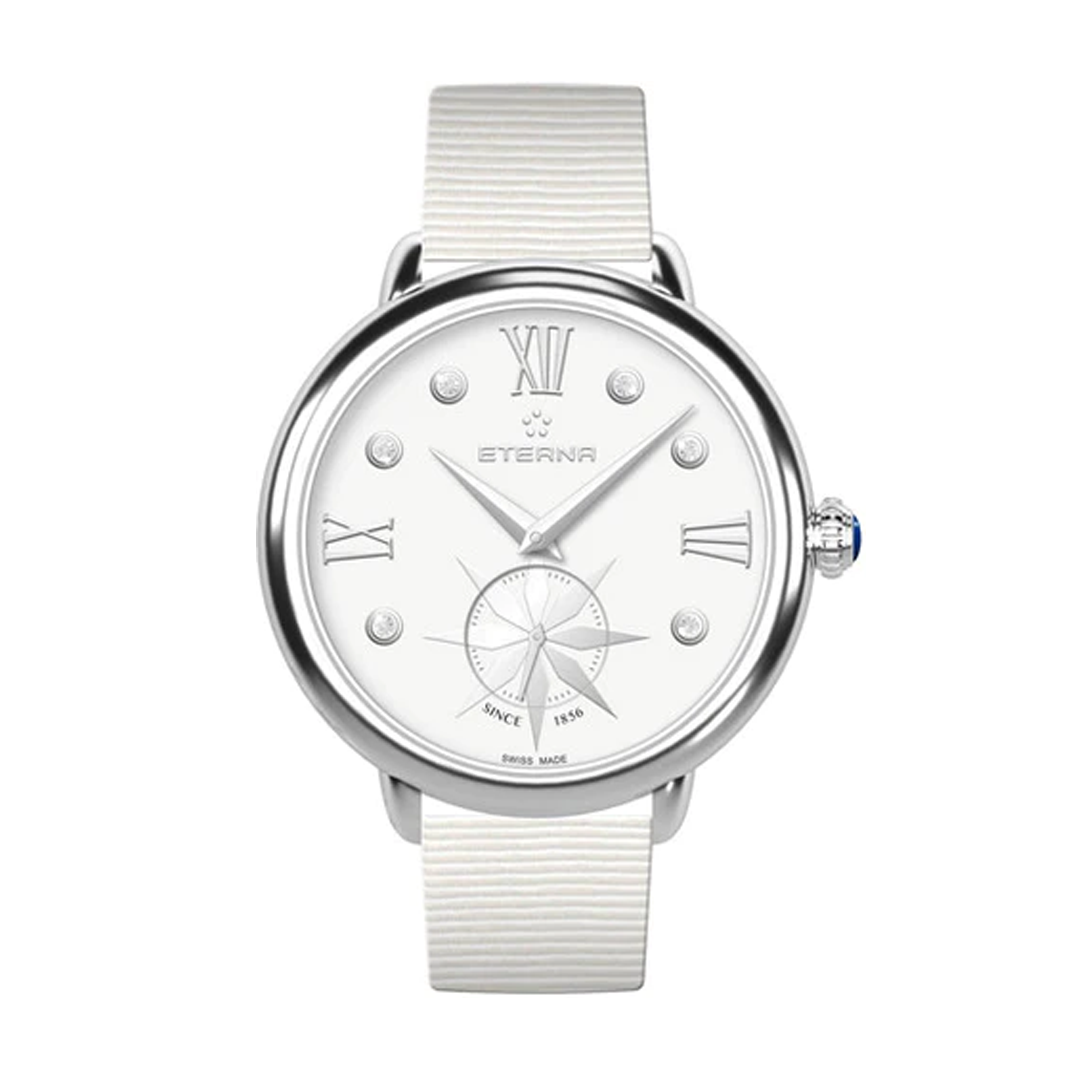 Eterna ladies watch with a white strap, stainless steel case and mother of pearl dial. The mother of pearl dial has roman numerals and diamond indexes, as well as a running second hand sub-dial