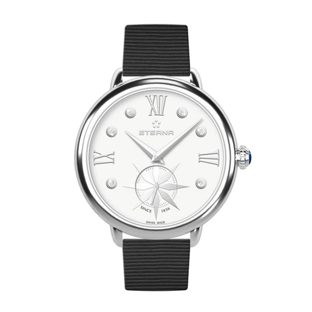 Eterna ladies watch with a black strap, stainless steel case and mother of pearl dial. The mother of pearl dial has roman numerals and diamond indexes, as well as a running second hand sub-dial