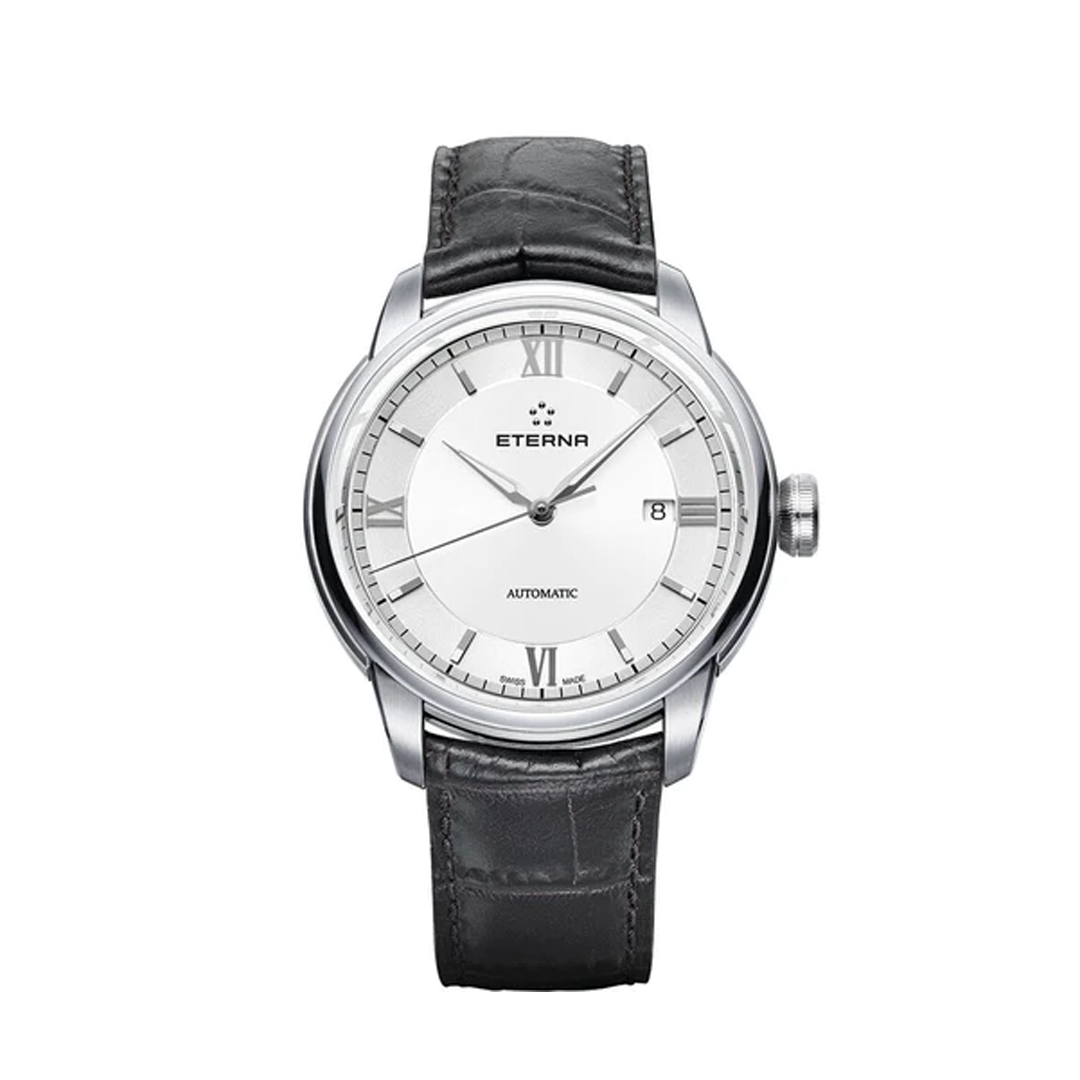 Eterna mens automatic watch with a stainless steel case and a black leather strap. The white dial features roman numerals, 3 stainless steel hands and a date window