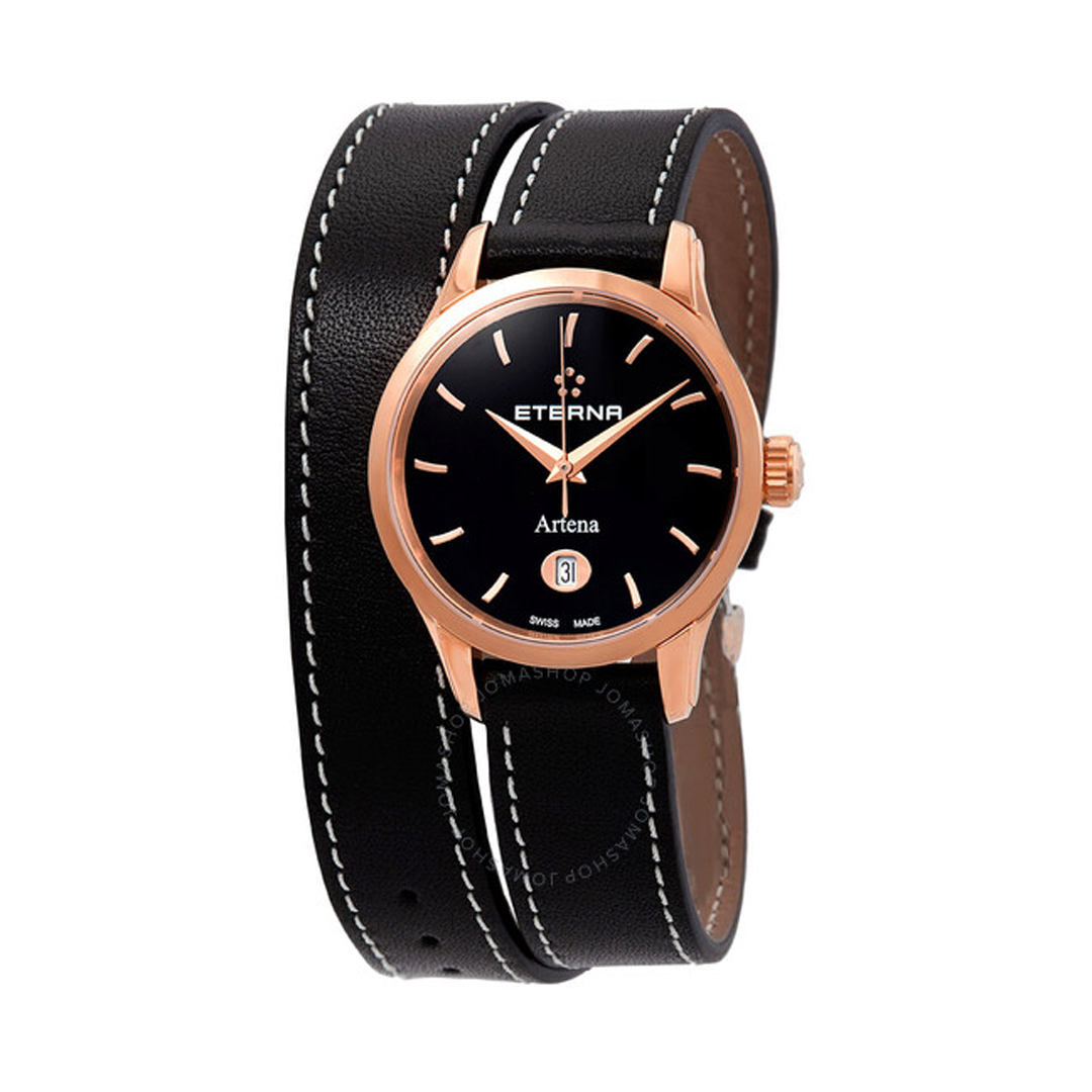 An Eterna ladies watch in stainless steel with a black leather bracelet style strap that wraps around twice over. The watch has a black dial, three hands and a date window