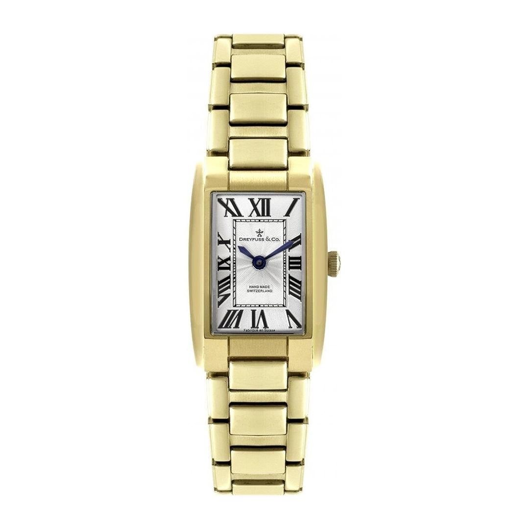 Dreyfuss & Co watch in gold with a white dial and black roman numerals 