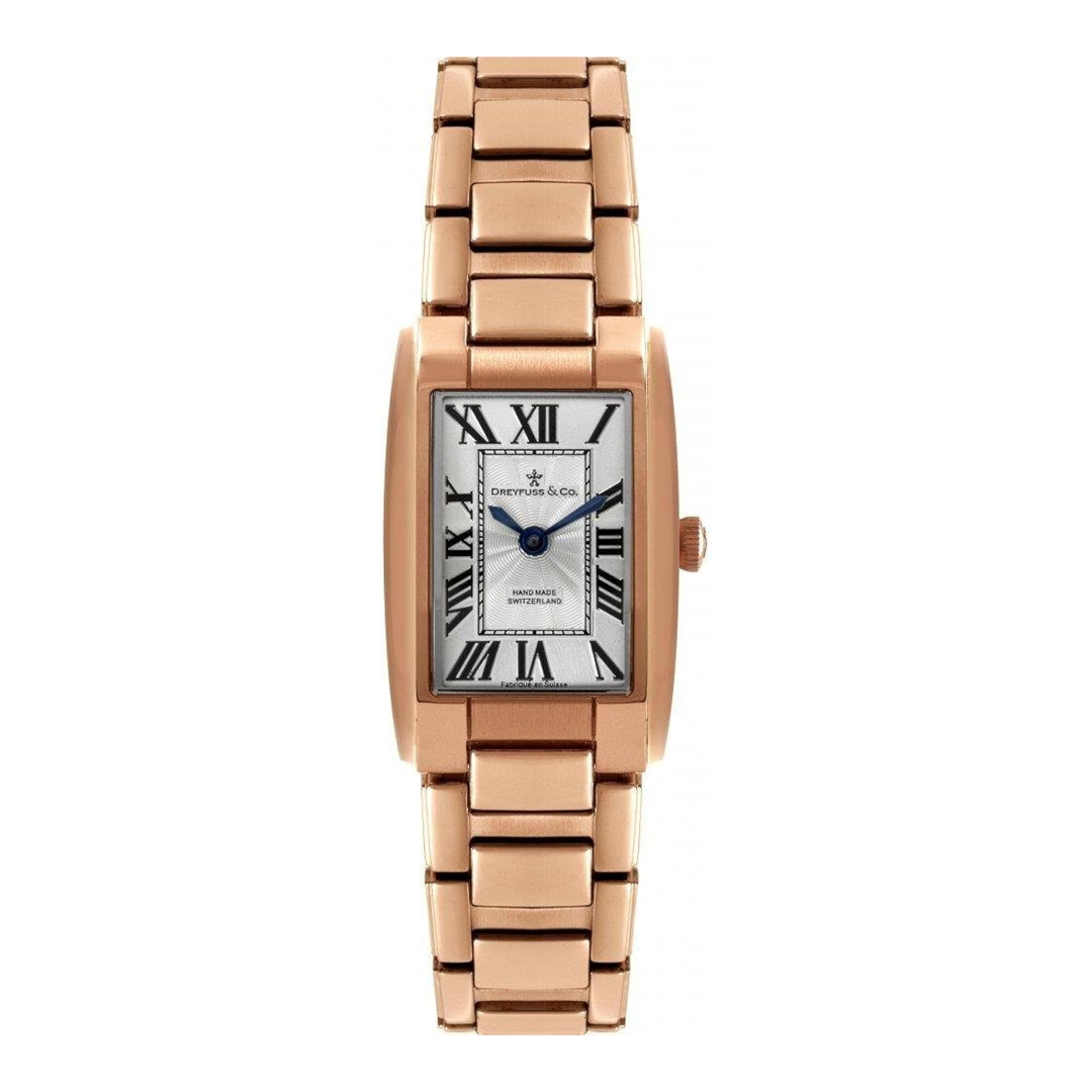 Dreyfuss & Co watch in rose gold with a white dial and black roman numerals 