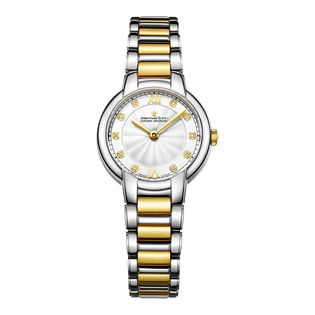 Dreyfuss & Co circular watch in two-tone stainless steel and gold with a white dial and diamond indexes with two Roman numerals. The watch also features gold hands