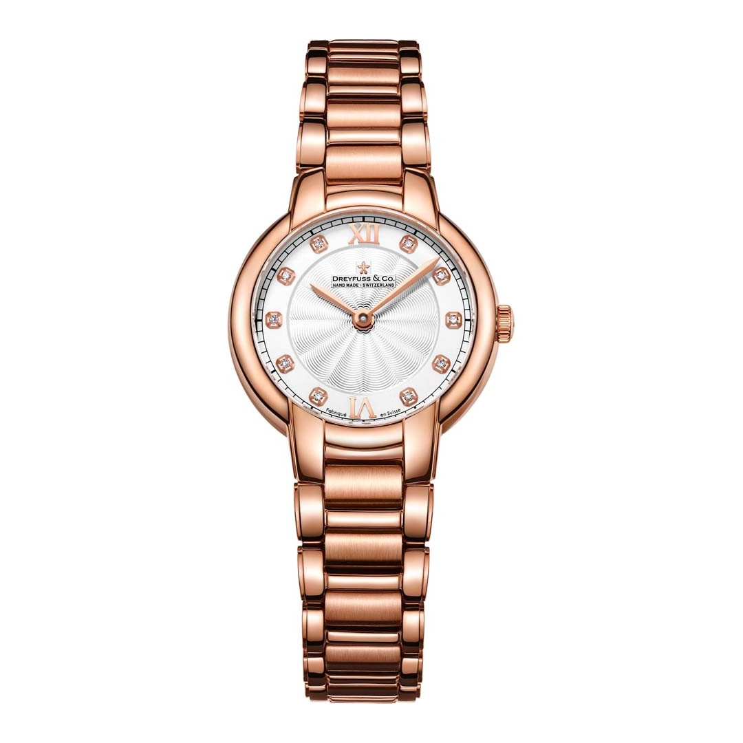 Dreyfuss & Co circular watch in rose gold with a white dial and diamond indexes with two Roman numerals. The watch also features rose gold hands