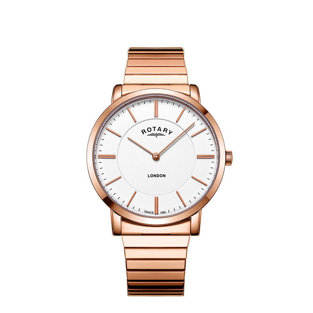 A rotary london watch in rose gold with an expanding bracelet design