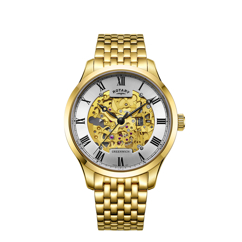 Rotary mens skeleton watch featuring a complex looking movement and a dial that has traditional roman numerals on the outer ring. The watch case is two-tone, stainless steel and gold with a matching bracelet