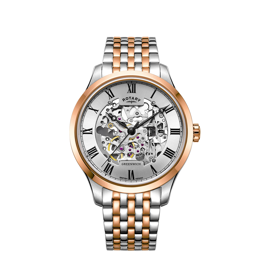 Rotary mens skeleton watch featuring a complex looking movement and a dial that has traditional roman numerals on the outer ring. The watch case is two-tone, stainless steel and rose gold with a matching bracelet