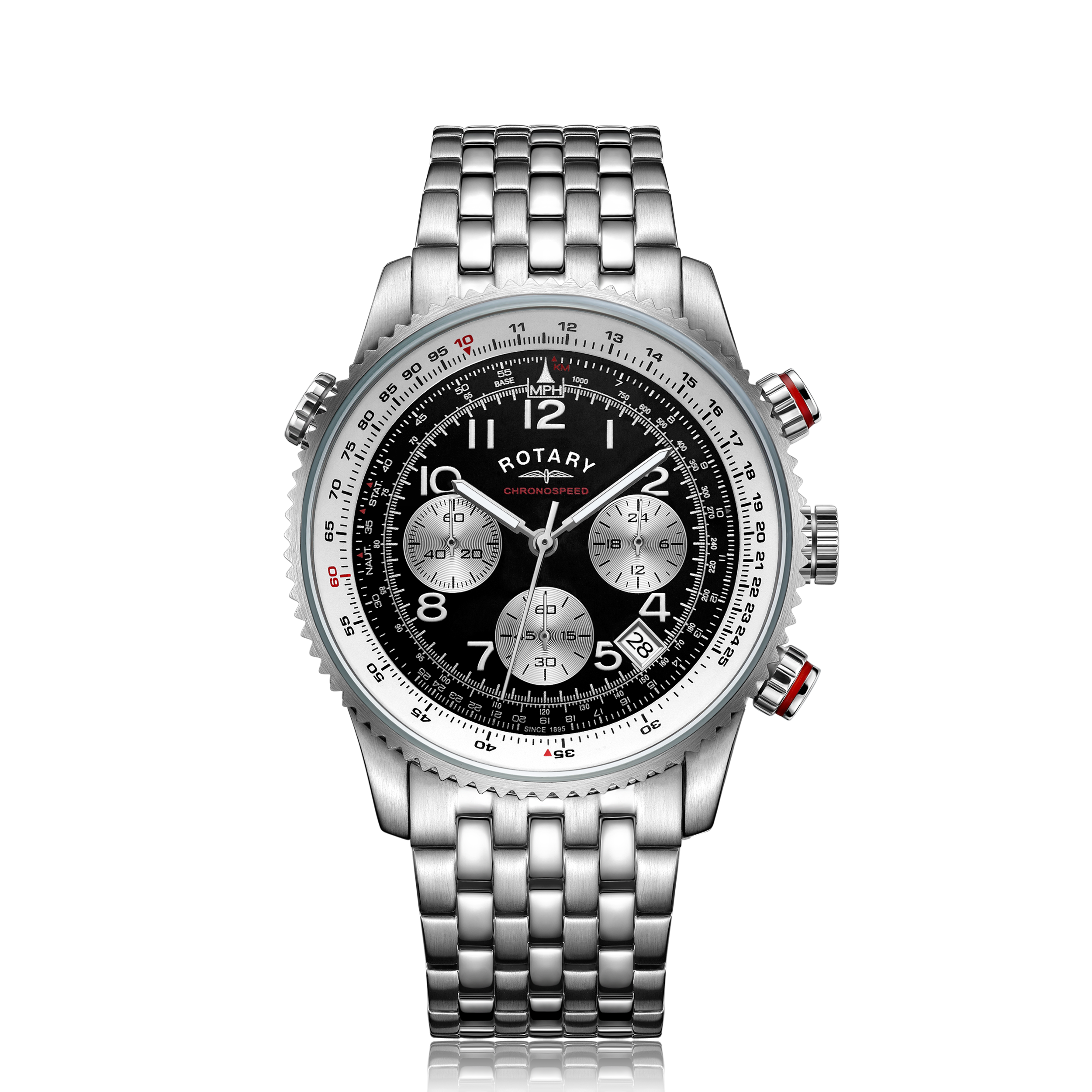 rotary chronospeed chronograph watch in stainless steel with a black dial and a 7 link stainless steel bracelet