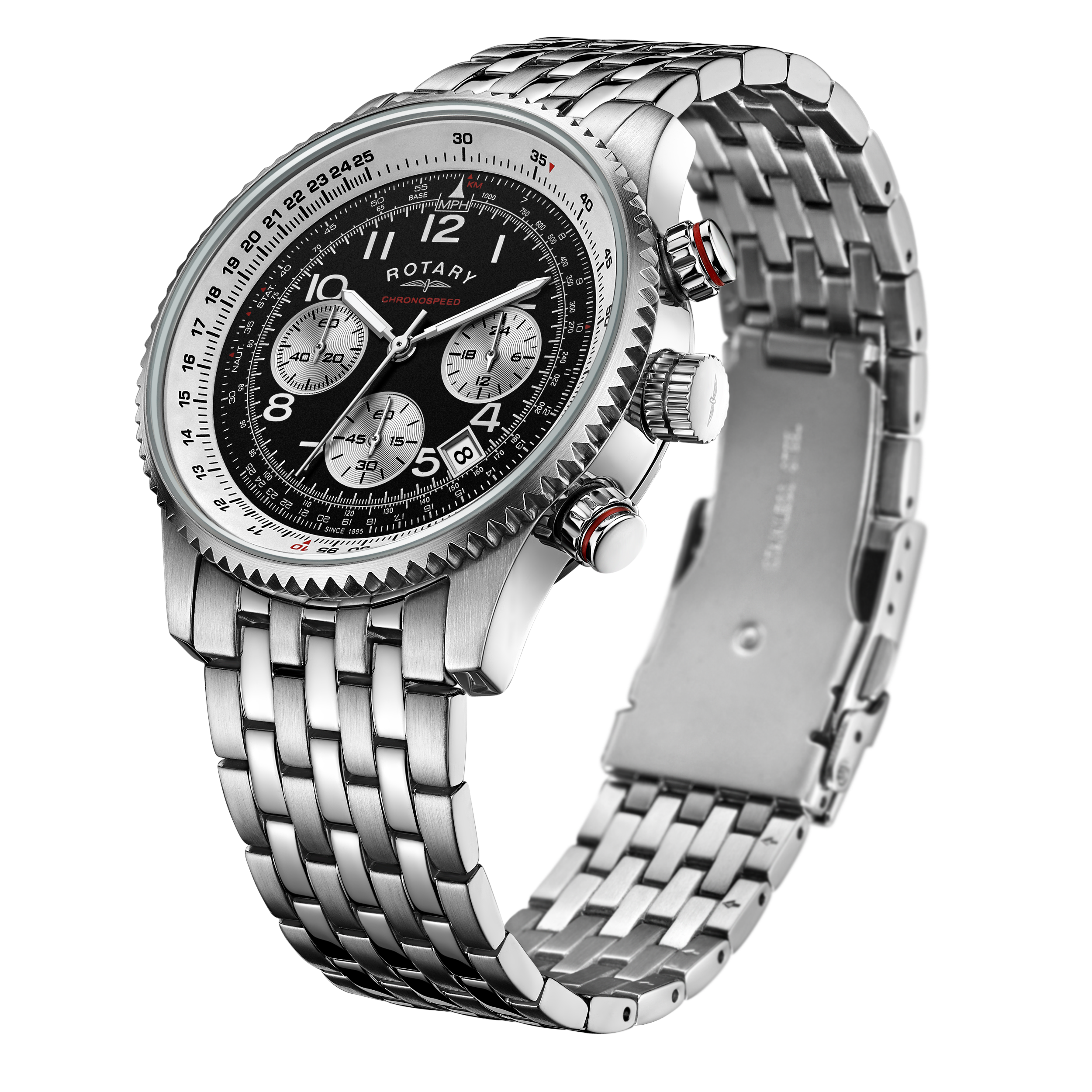 rotary chronospeed chronograph watch in stainless steel with a black dial and a 7 link stainless steel bracelet